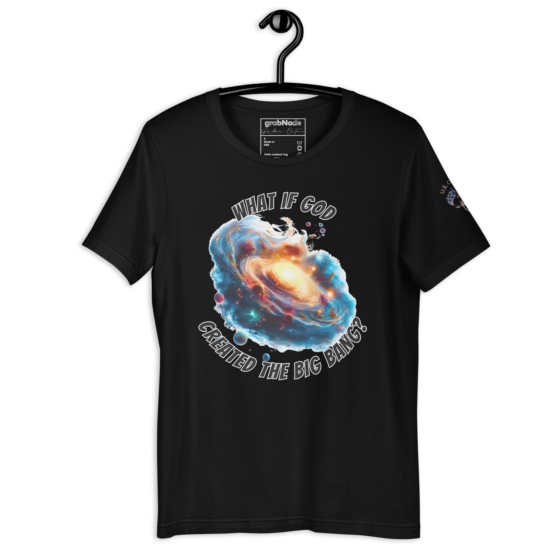 Product mockup. Black t-shirt on a hanger featuring a bright cosmic swirl and the words "WHAT IF GOD CREATED THE BIG BANG?" in large text.