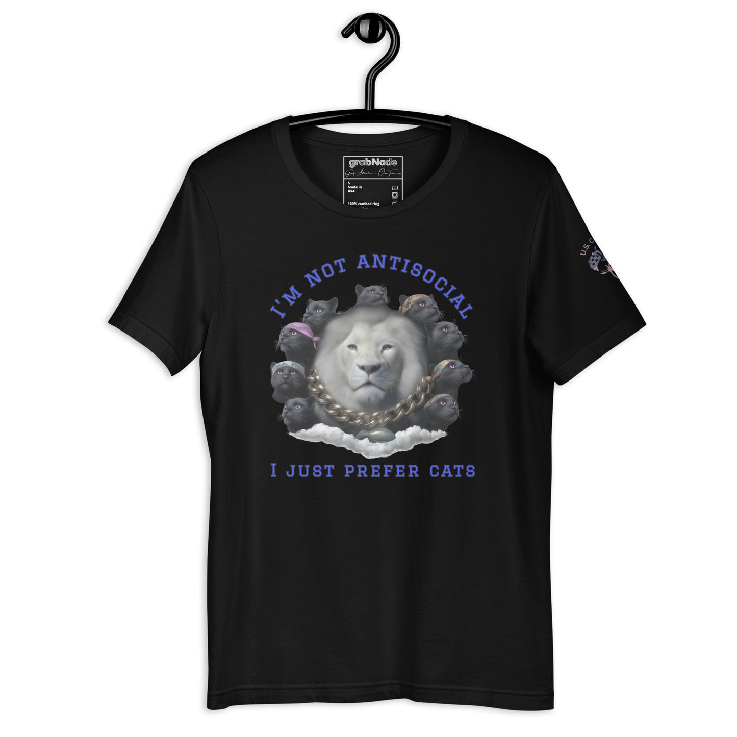 Product mockup. Black t-shirt on a hanger displaying the phrase "I'M NOT ANTISOCIAL I JUST PREFER CATS" in blue, encircling several illustrated cats.