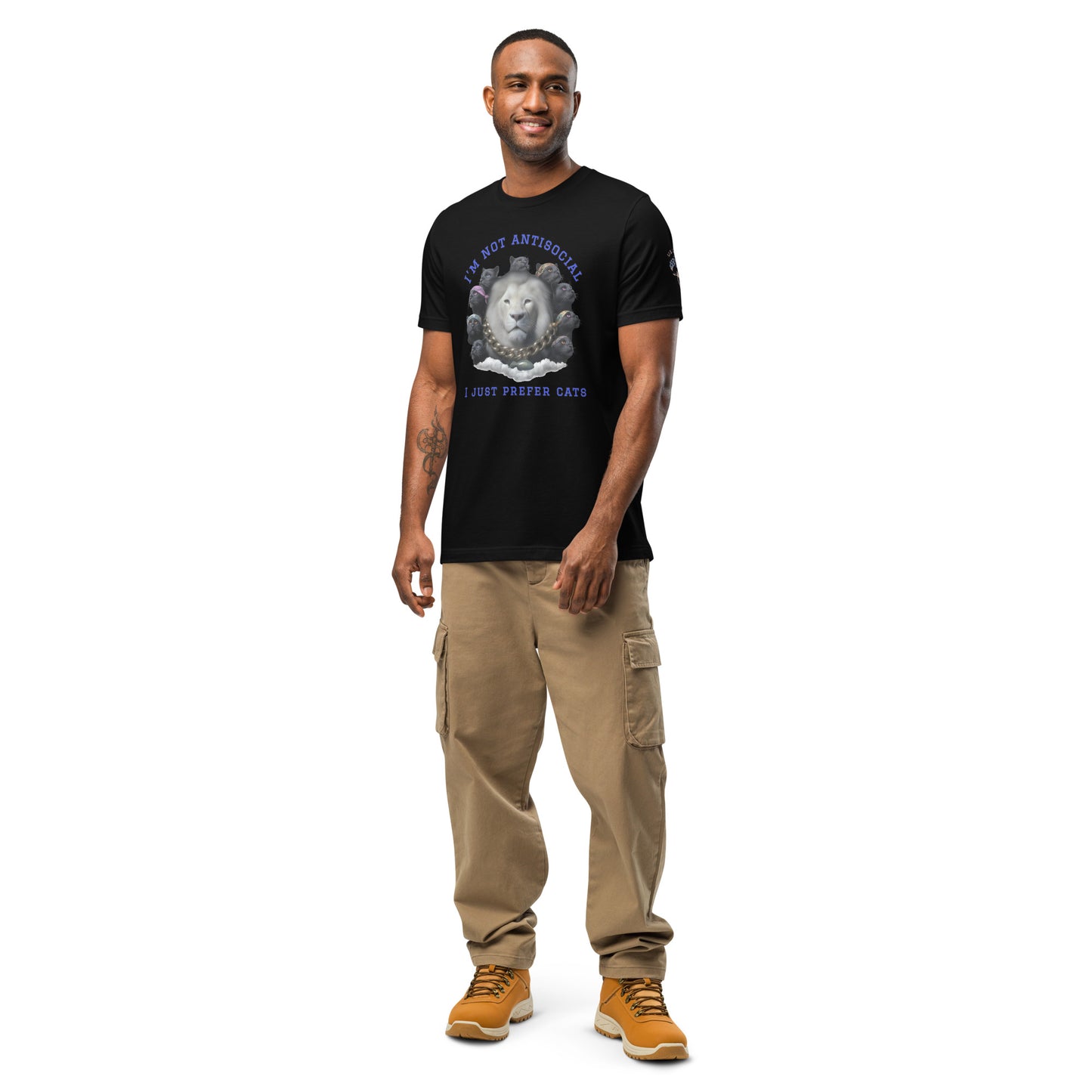 Product mockup. A man stands wearing a black t-shirt with the phrase "I'M NOT ANTISOCIAL I JUST PREFER CATS" above and below a circle of various cats.