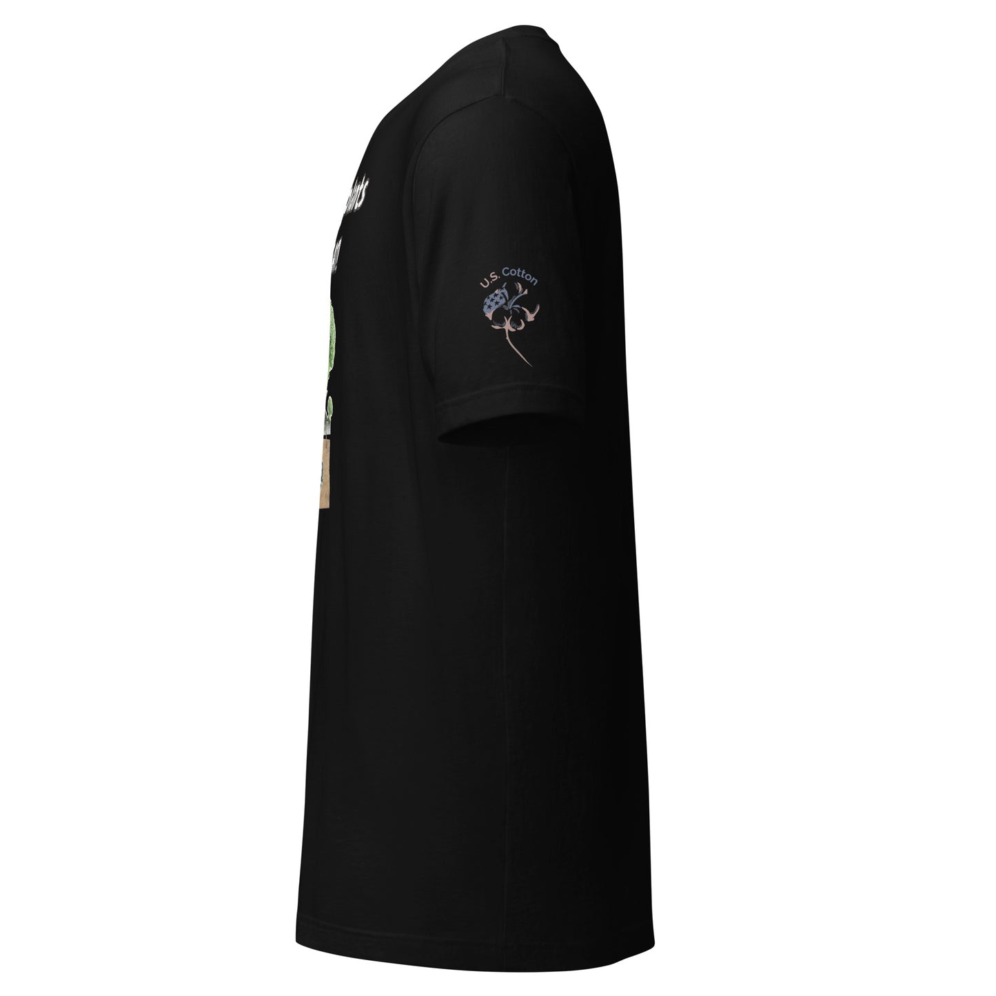 Product mockup. Left-side view of a black t-shirt featuring a "U.S. Cotton" emblem with a stylized cotton plant.