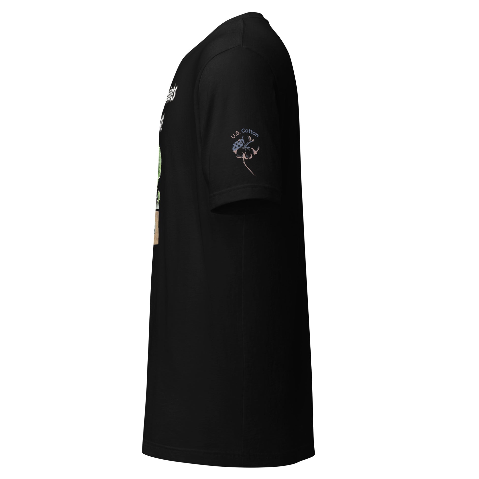 Product mockup. Left-side view of a black t-shirt featuring a "U.S. Cotton" emblem with a stylized cotton plant.