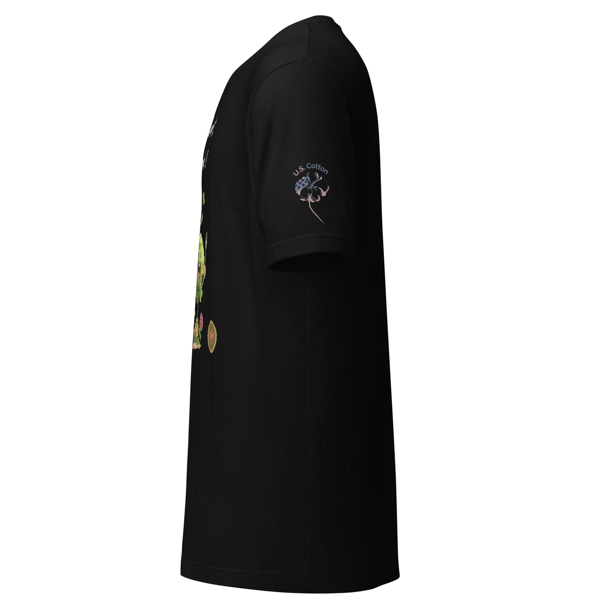 Product mockup. Left-side view of a black t-shirt featuring a "U.S. Cotton" badge and stylized cotton plant on the sleeve.