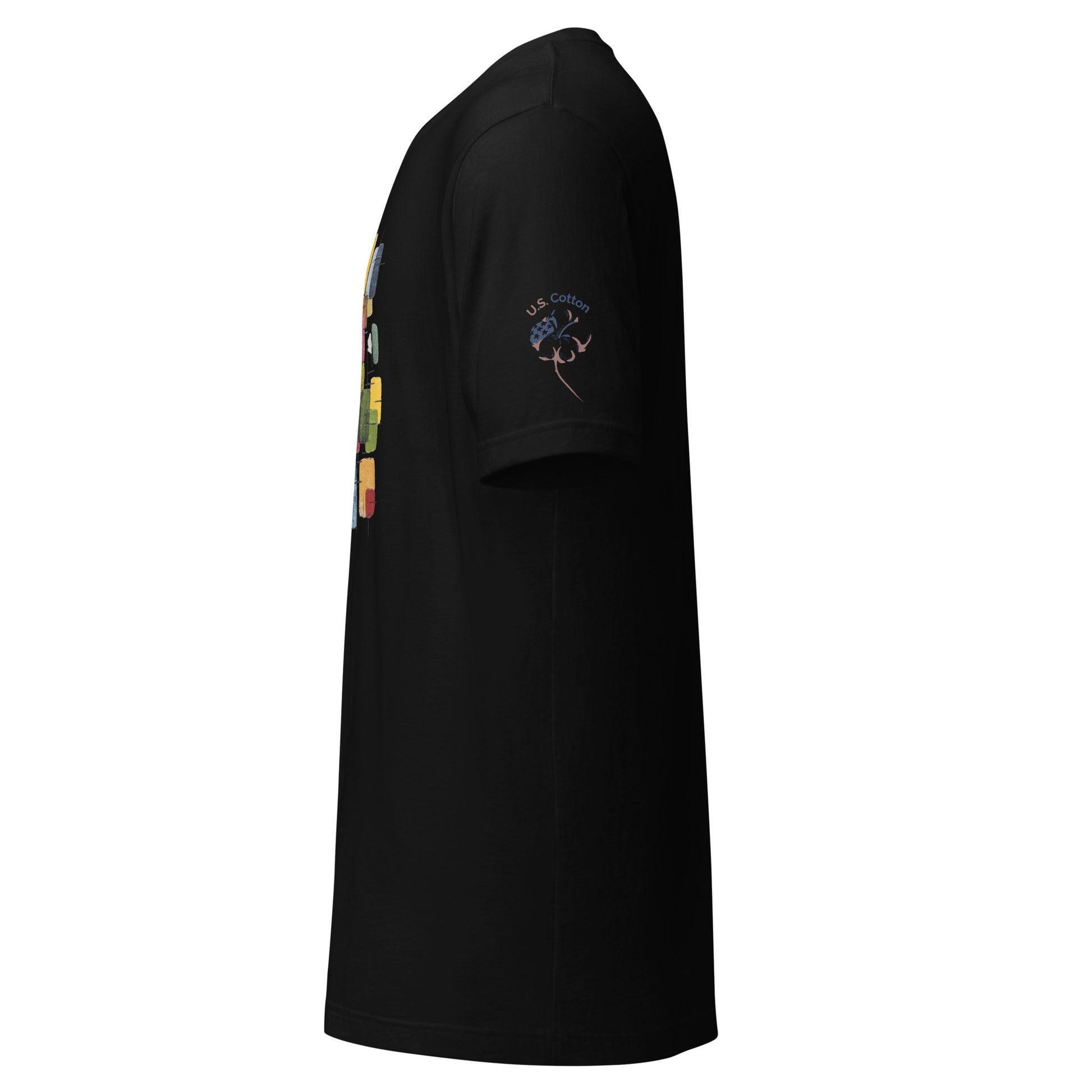 Product mockup. Left-side view of a black t-shirt showcasing a "U.S. Cotton" emblem with a cotton plant on the sleeve.