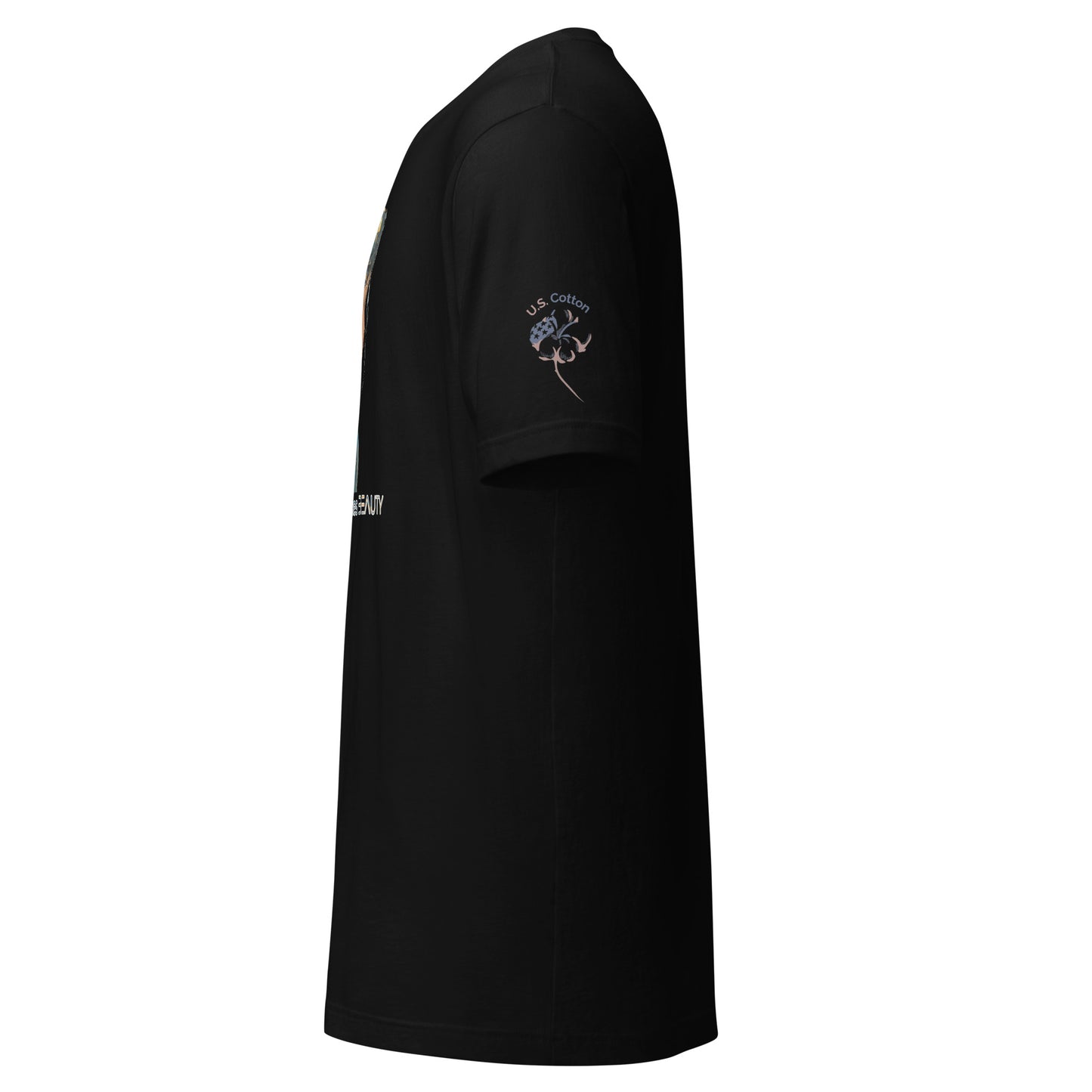 Product mockup. Left-side view of a black t-shirt with a "U.S. Cotton" emblem and a cotton plant design on the sleeve.