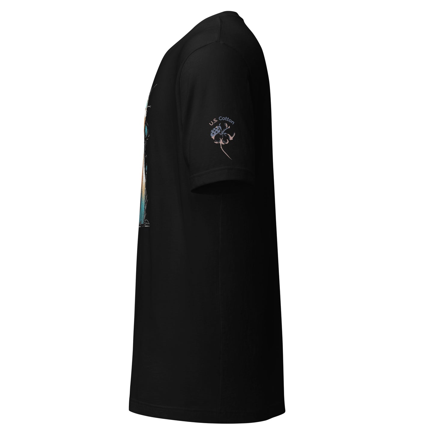 Product mockup. Left-side view of a black t-shirt with a "U.S. Cotton" emblem and a cotton plant design on the sleeve.