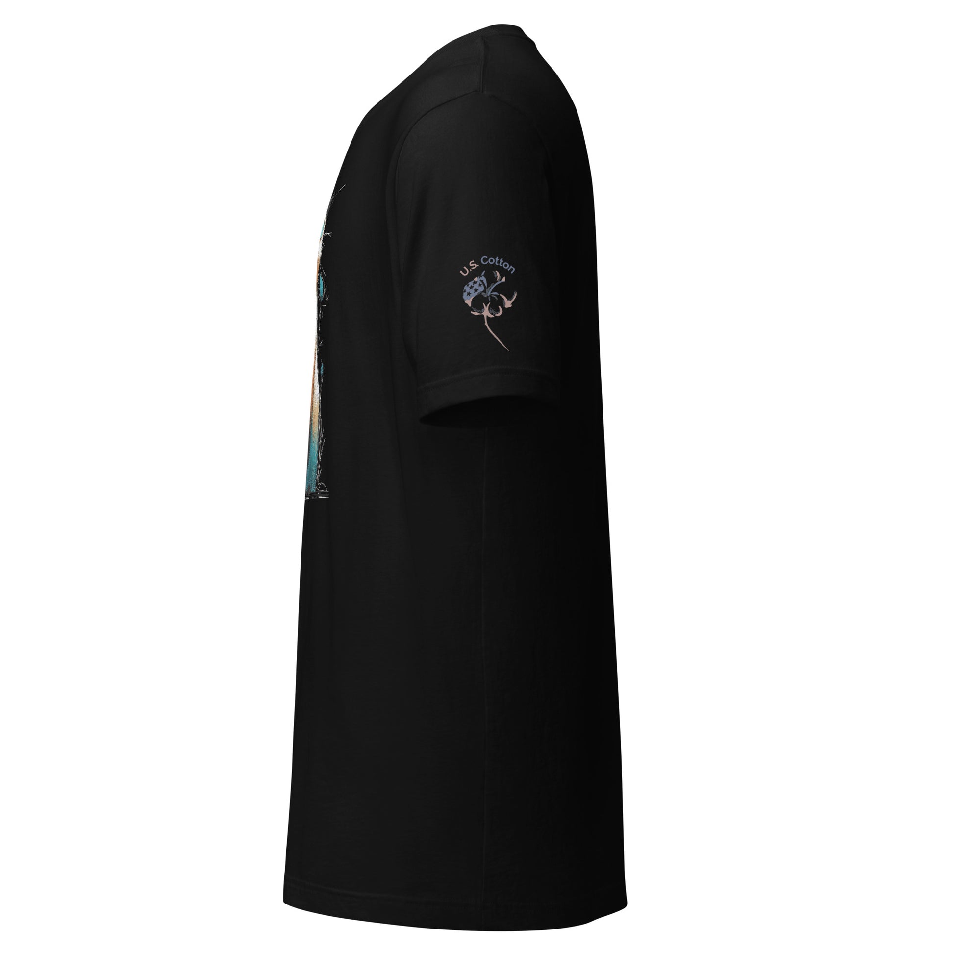 Product mockup. Left-side view of a black t-shirt with a "U.S. Cotton" emblem and a cotton plant design on the sleeve.