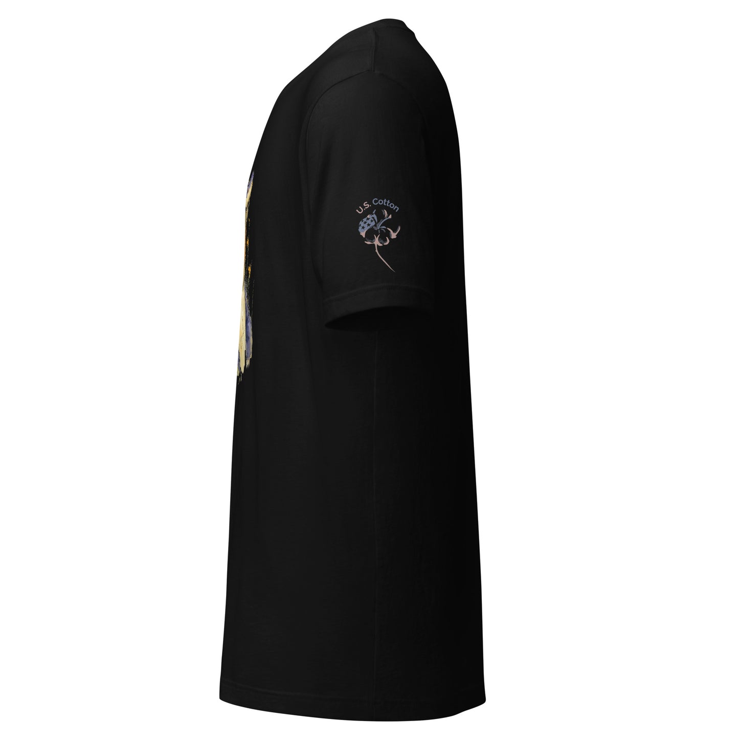 Product mockup. Left-side view of a black t-shirt featuring a "U.S. Cotton" logo and a cotton plant illustration on the sleeve.