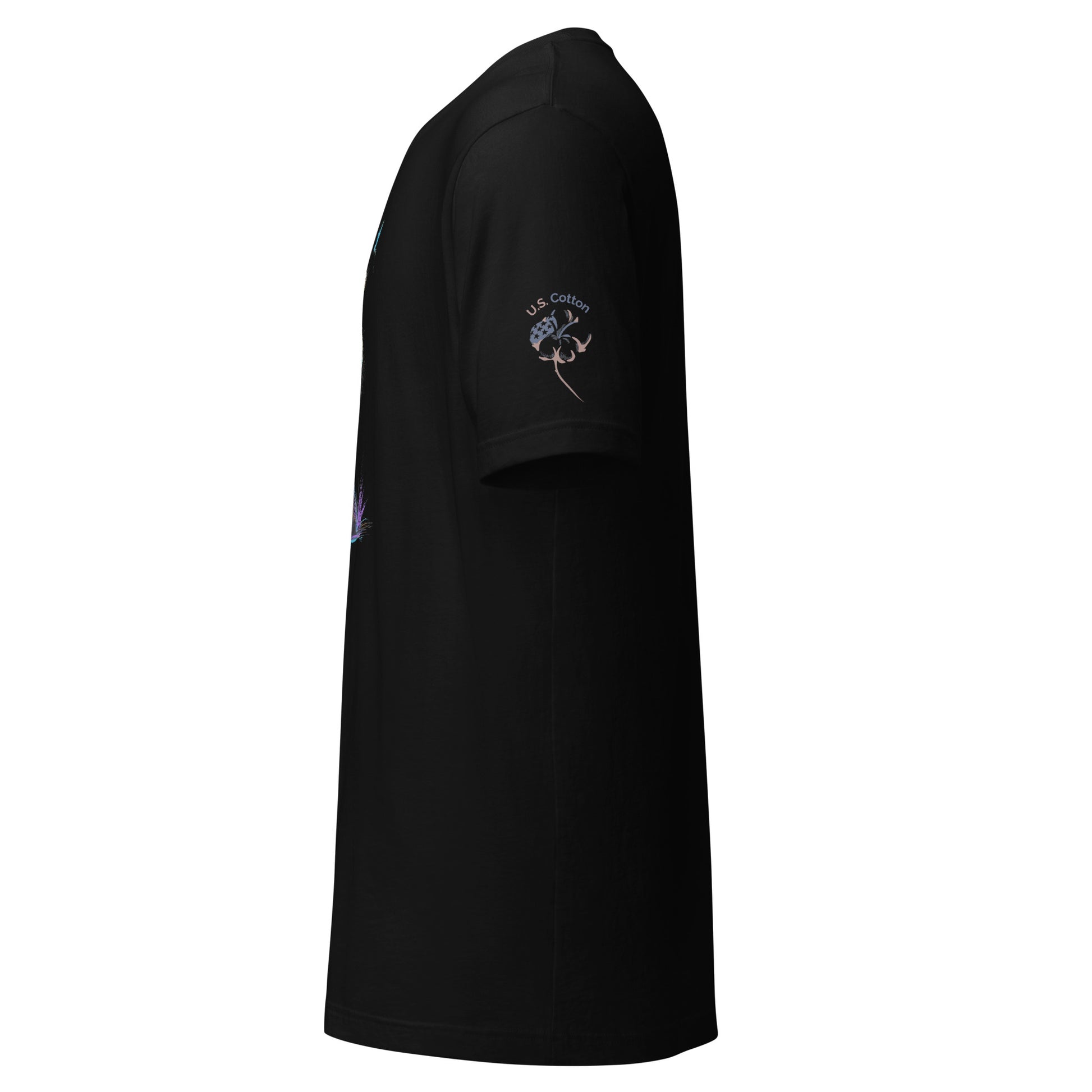 Product mockup. Left-side view of a black t-shirt, U.S. Cotton label on the sleeve, with blue and orange graphic partially visible.