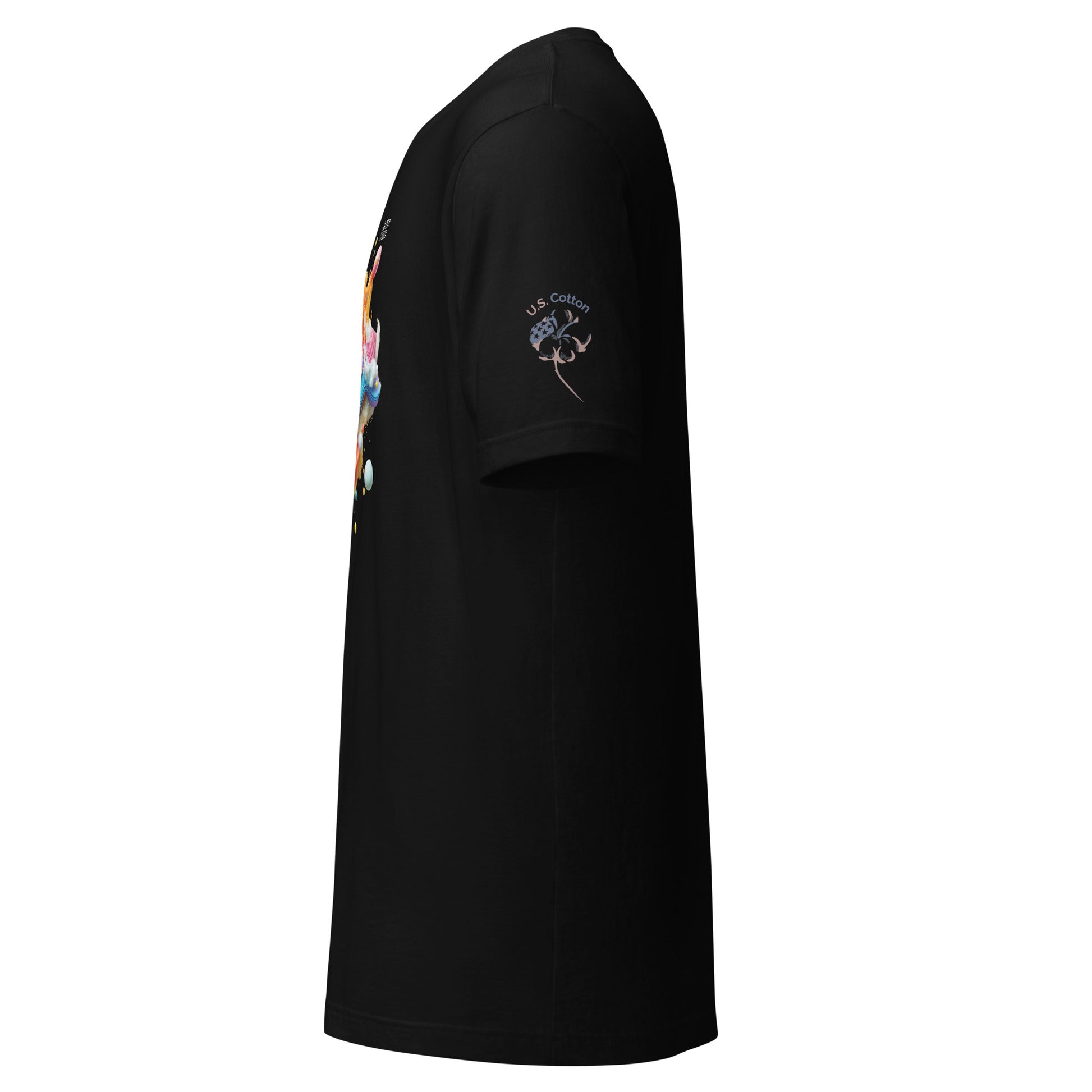 Product mockup. Left-side view of a black t-shirt with "U.S. Cotton" emblem on the sleeve and abstract pastel swirl artwork on the front.