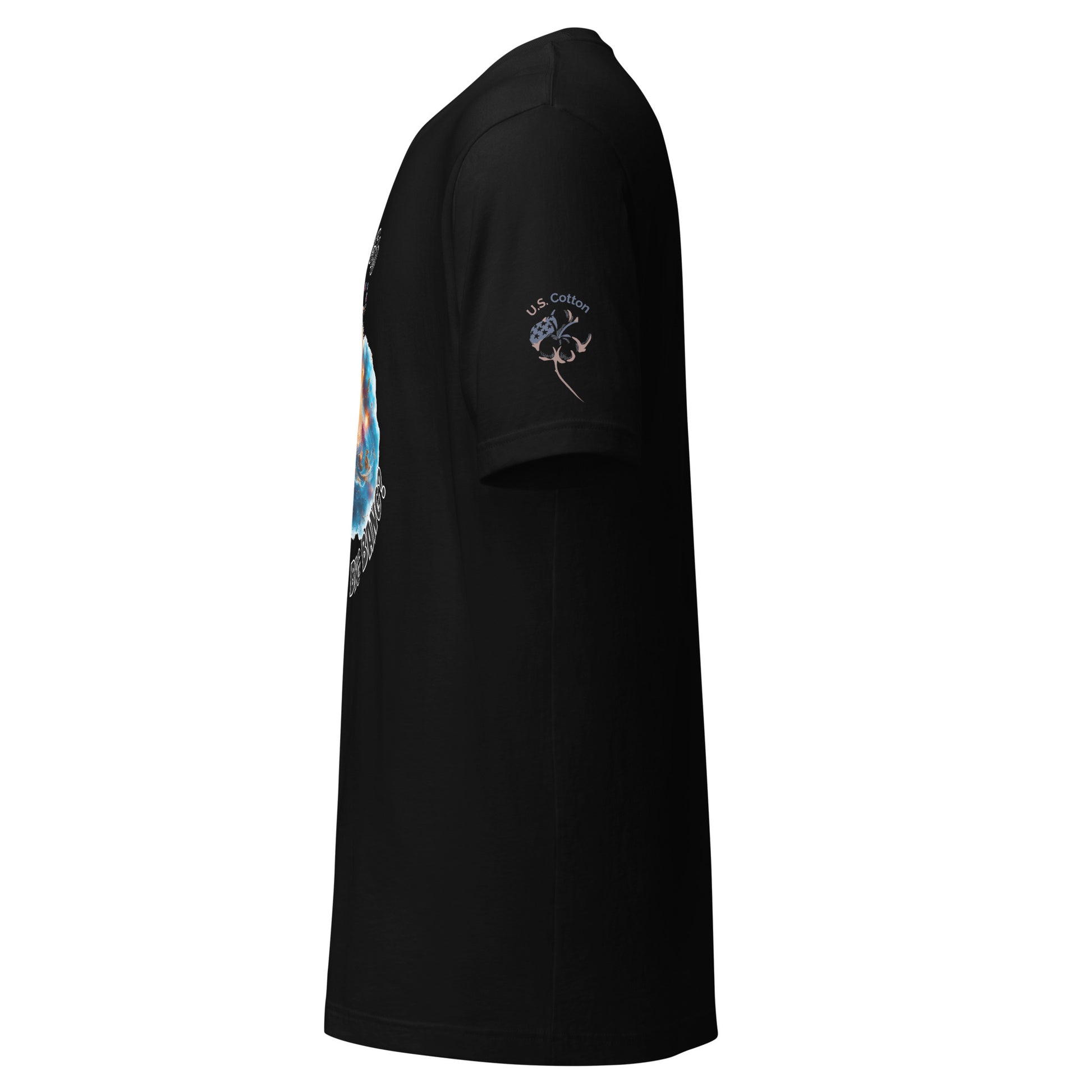 Product mockup. Left-side view of a black t-shirt with a "U.S. Cotton" badge and a cotton plant graphic on the sleeve.