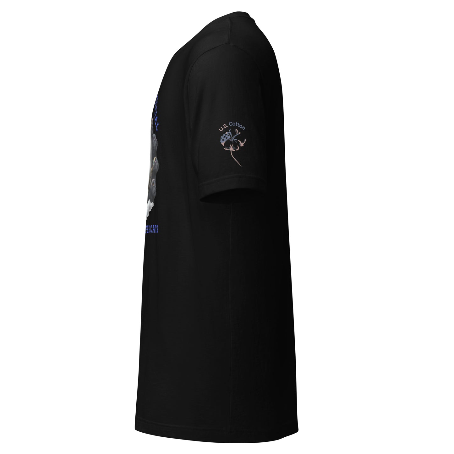 Product mockup. Left-side view of a black t-shirt with "U.S. Cotton" emblem on the sleeve and illustrations of black cats arranged in a circle on the front.