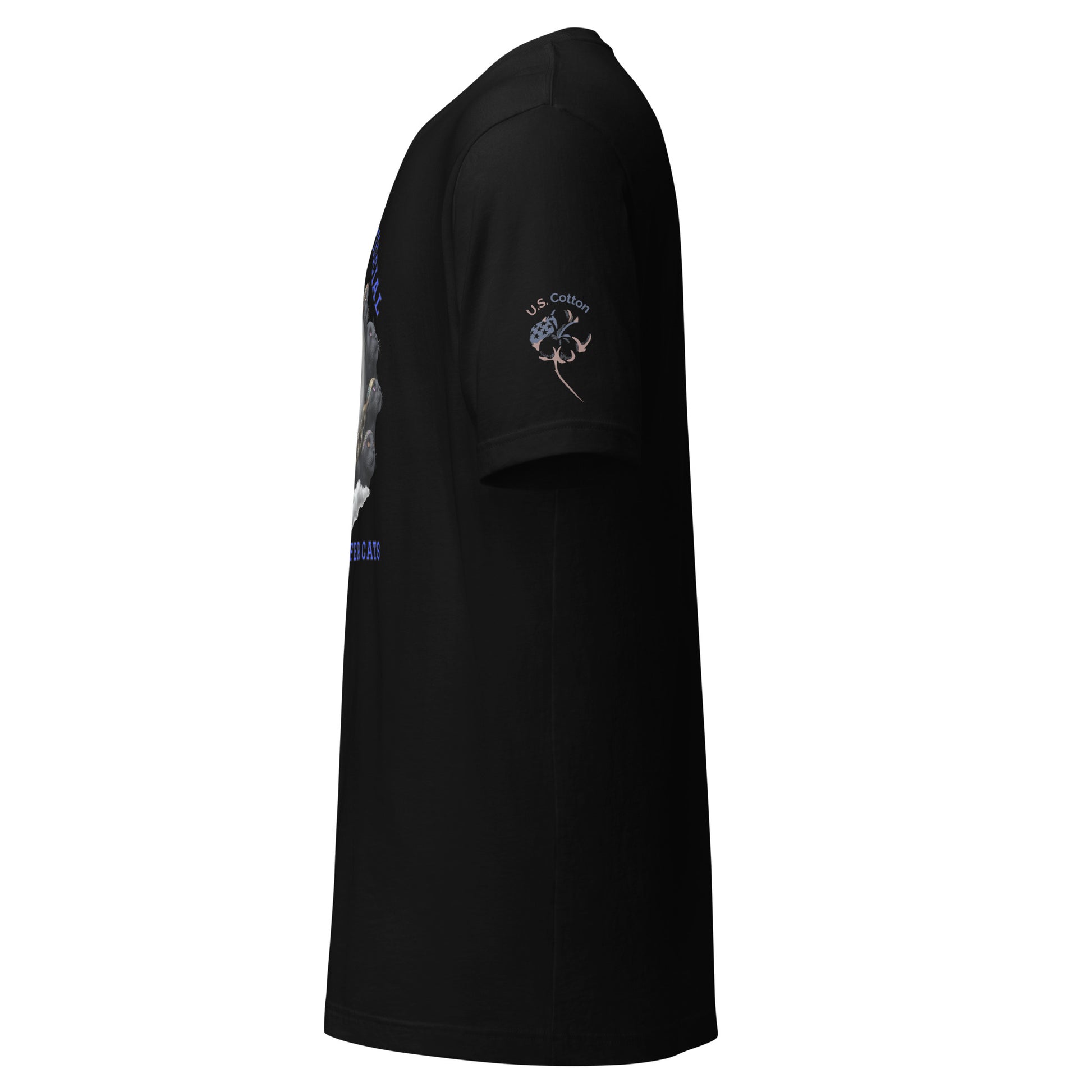 Product mockup. Left-side view of a black t-shirt with "U.S. Cotton" emblem on the sleeve and illustrations of black cats arranged in a circle on the front.