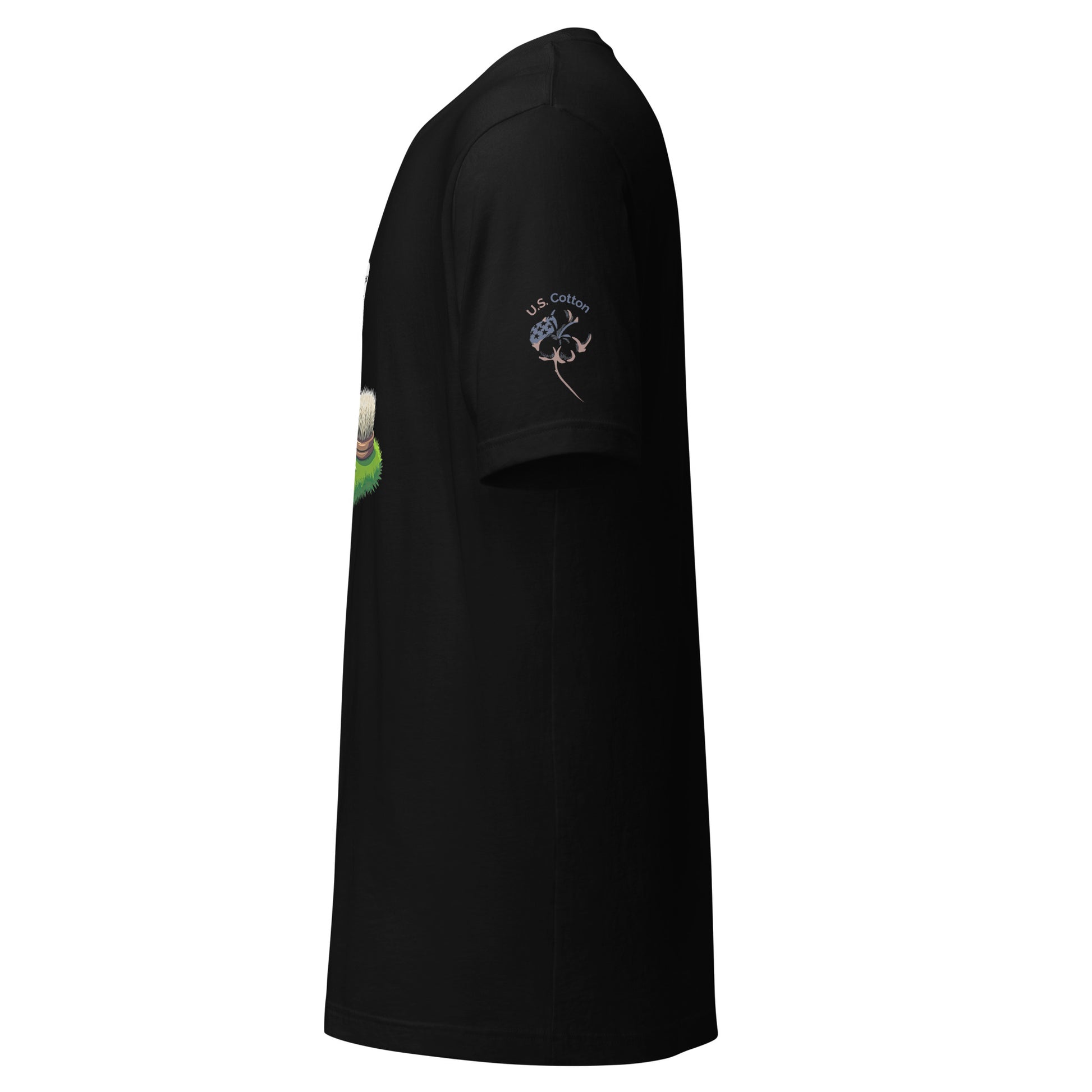 Product mockup. Left-side view of a black t-shirt, with "U.S. Cotton" badge on the sleeve and a cartoon hedgehog and grass visible on the front.