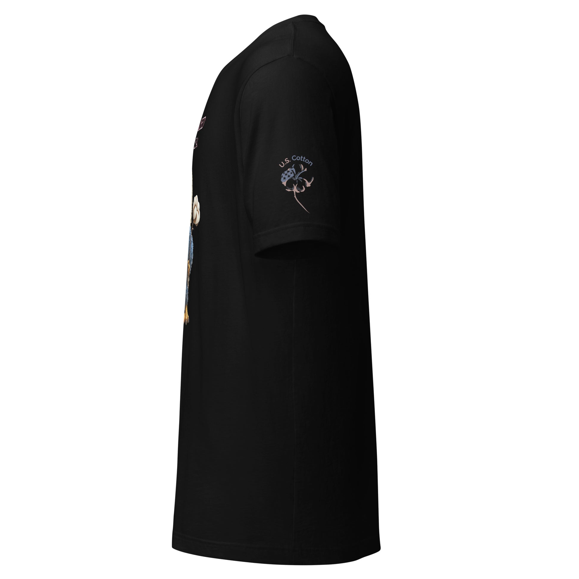 Product mockup. Product mockup. A black short-sleeve T-shirt is shown from a right-side angle. The shirt features a small "U.S. Cotton" logo and a cotton flower graphic printed on the outer side of the right sleeve. The front of the shirt displays part of a decorative, likely colorful design, though the full graphic is partially obscured from this side view. The fabric appears smooth and the shirt has a classic fit sleeve and hem.