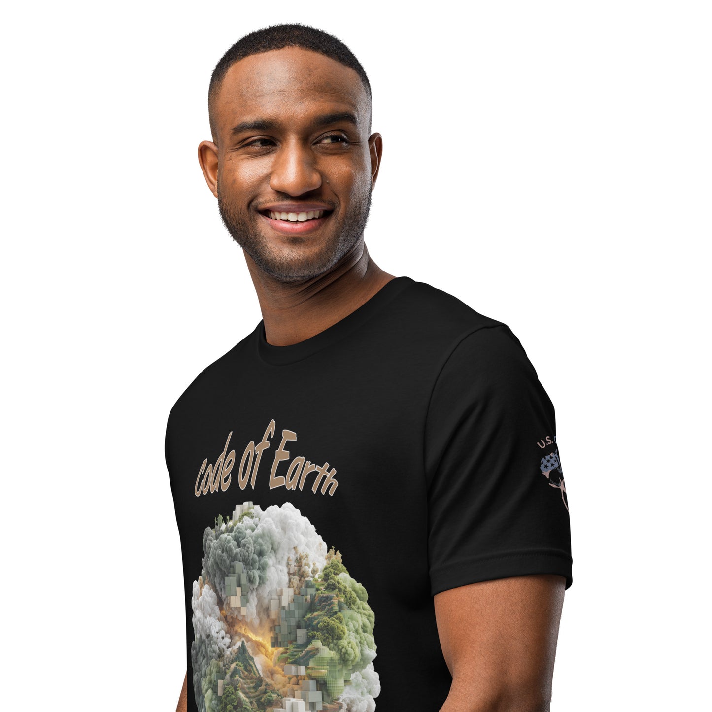 Product mockup. A man wears a black t-shirt with a cloud-like graphic of pixelated trees and the text "code of Earth," plus a "U.S. Cotton" patch on the sleeve.