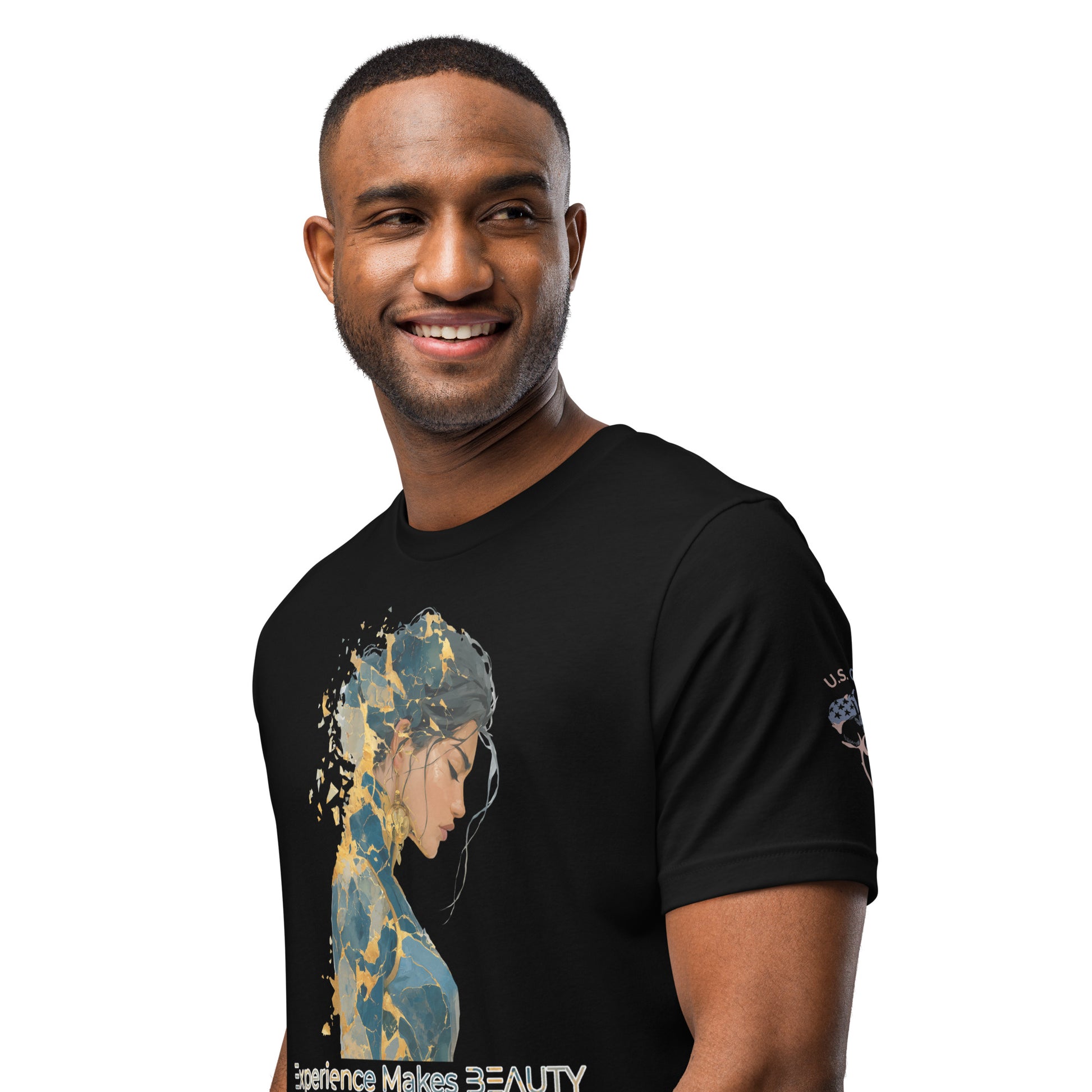 Product mockup. A man wears a black t-shirt with a fragmented blue and yellow illustration of a woman's profile and the message "Experience Makes BEAUTY."