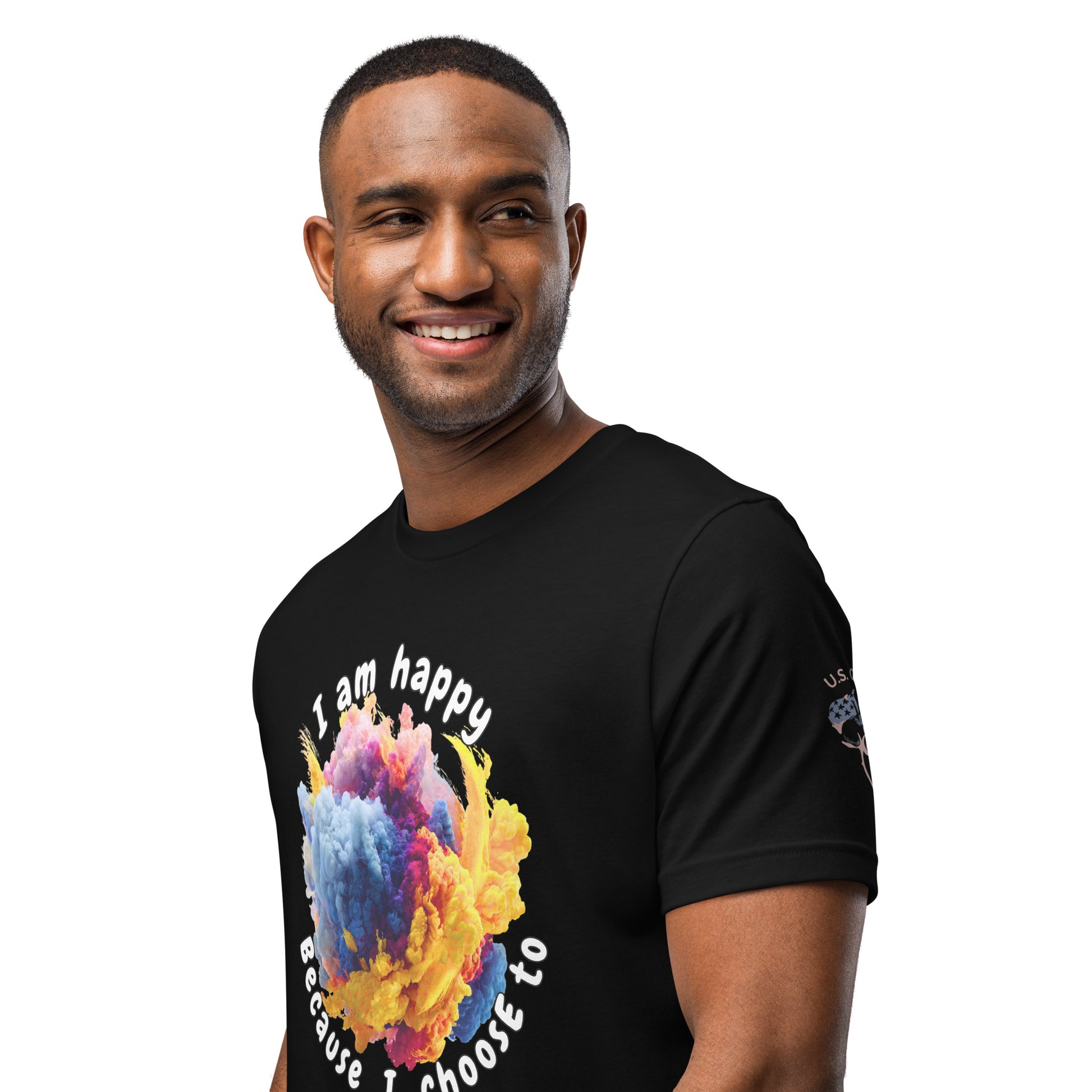 Product mockup. A man wears a black t-shirt with a yellow, pink, and blue powder explosion graphic and the phrase "I am happy because I choose to" on the chest.