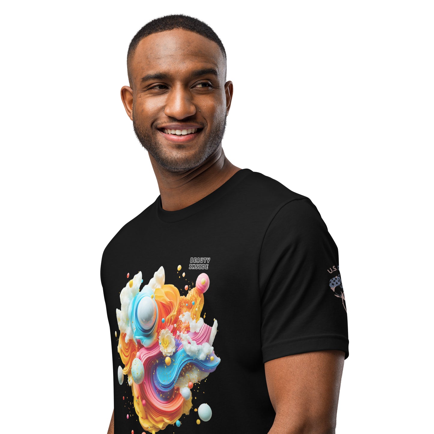 Product mockup. A man wears a black t-shirt with a colorful, 3D abstract swirl and sphere design and the text "BEAUTY INSIDE."
