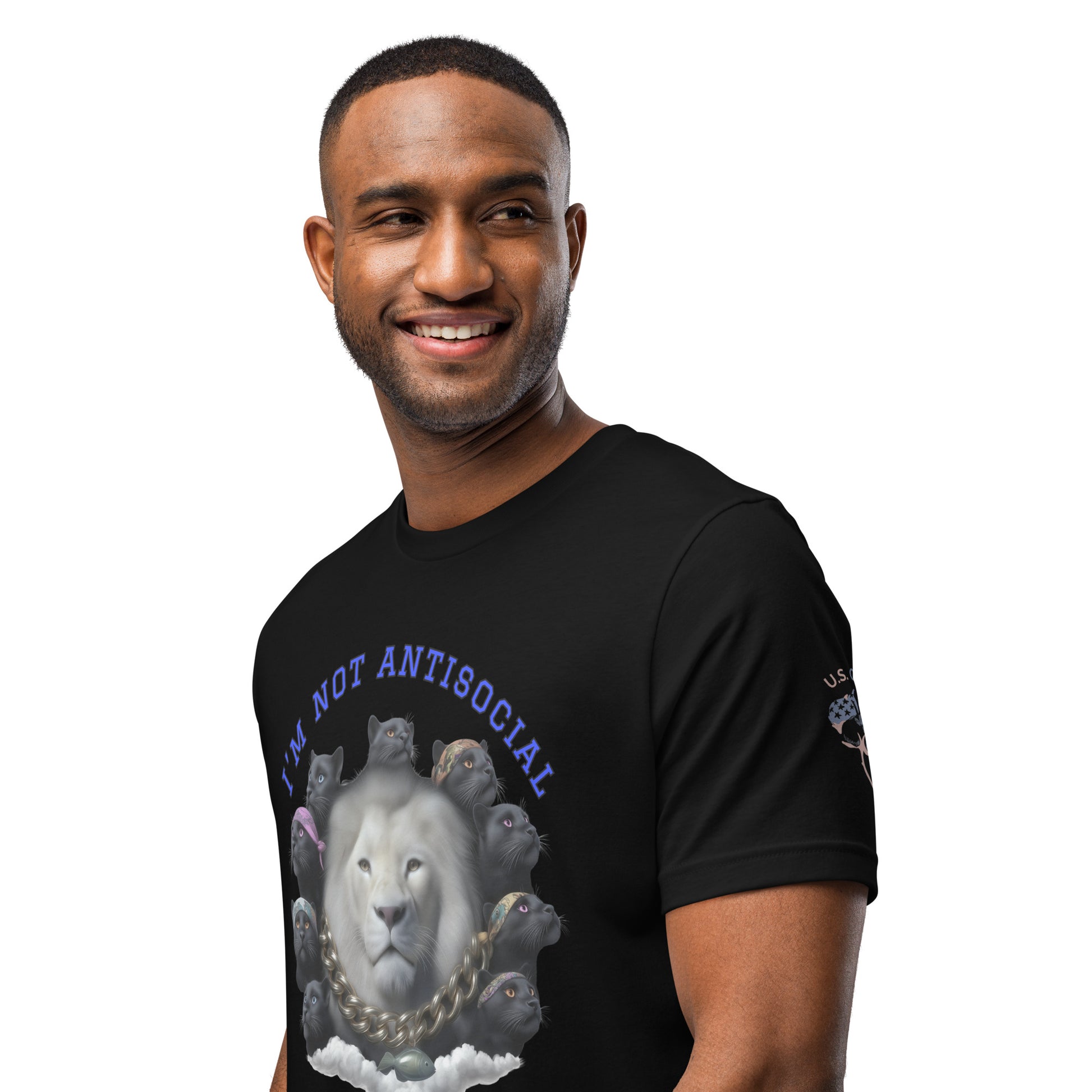 Product mockup. A man wears a black t-shirt showing a circle of illustrated black cats and the phrase "I'm not antisocial, I just prefer cats."
