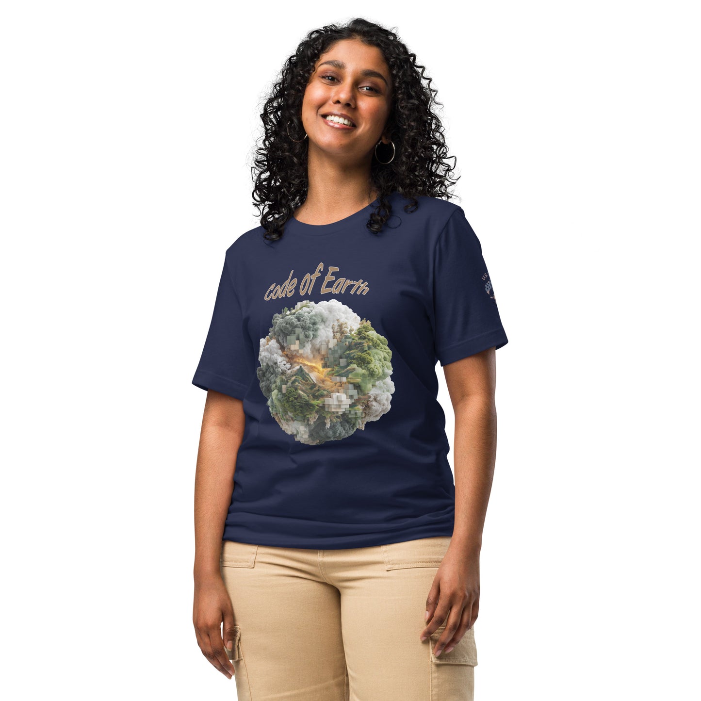 Product mockup. Smiling woman in beige pants and navy blue t-shirt with a digital-inspired globe labeled “code of Earth” on the chest.