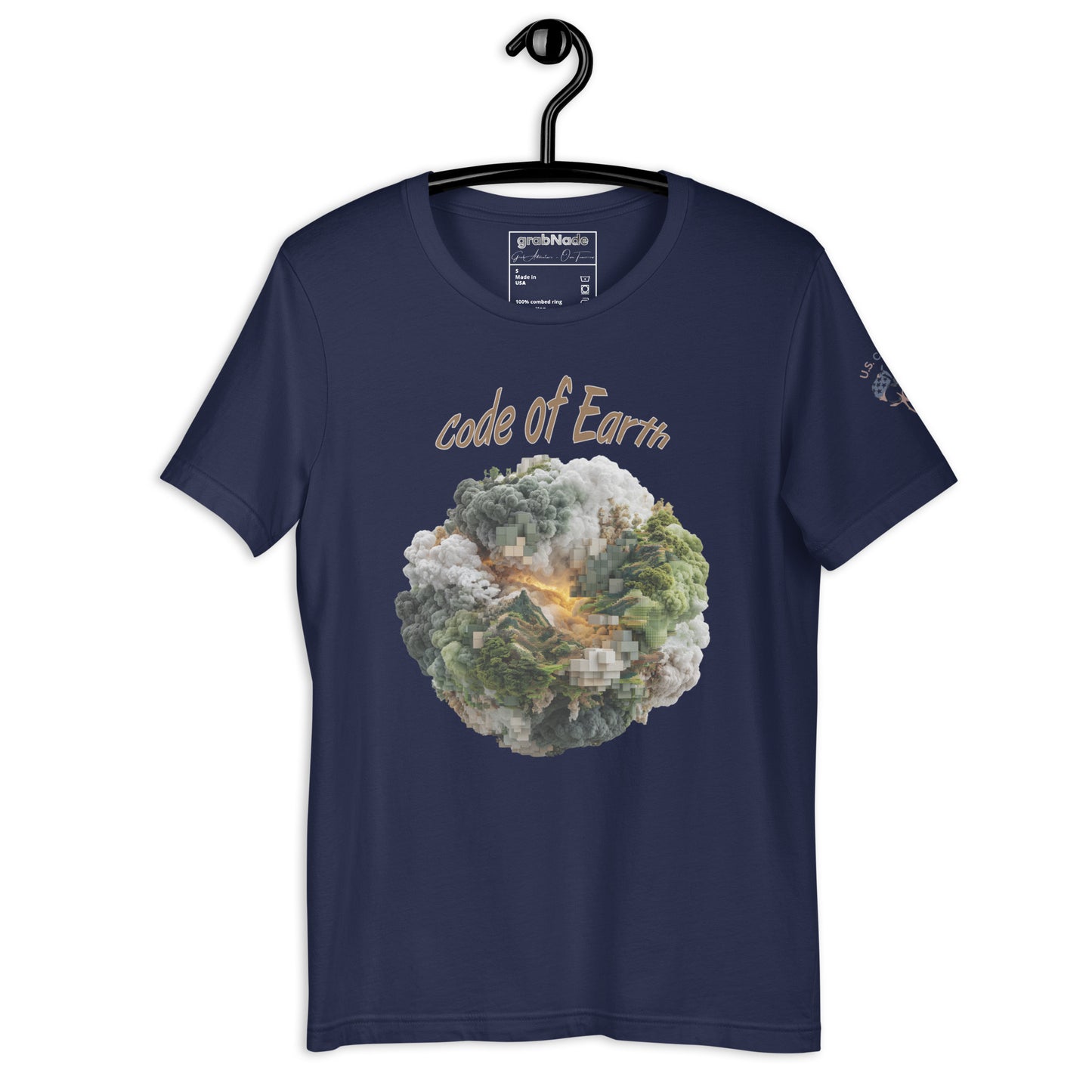 Product mockup. Navy blue t-shirt on a hanger with the front design reading "code of Earth" and a detailed, pixelated planet image with greenery and clouds.