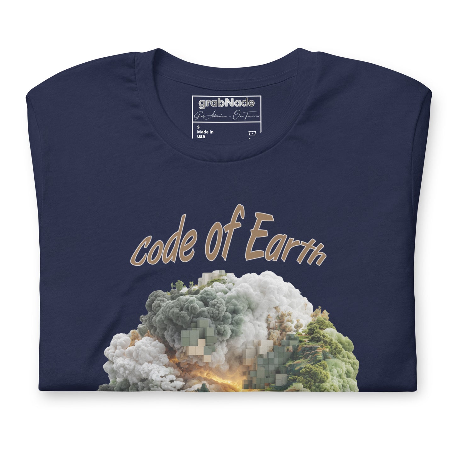 Product mockup. Navy blue t-shirt folded, displaying the front design with "code of Earth" text and a stylized pixelated globe featuring trees and clouds.