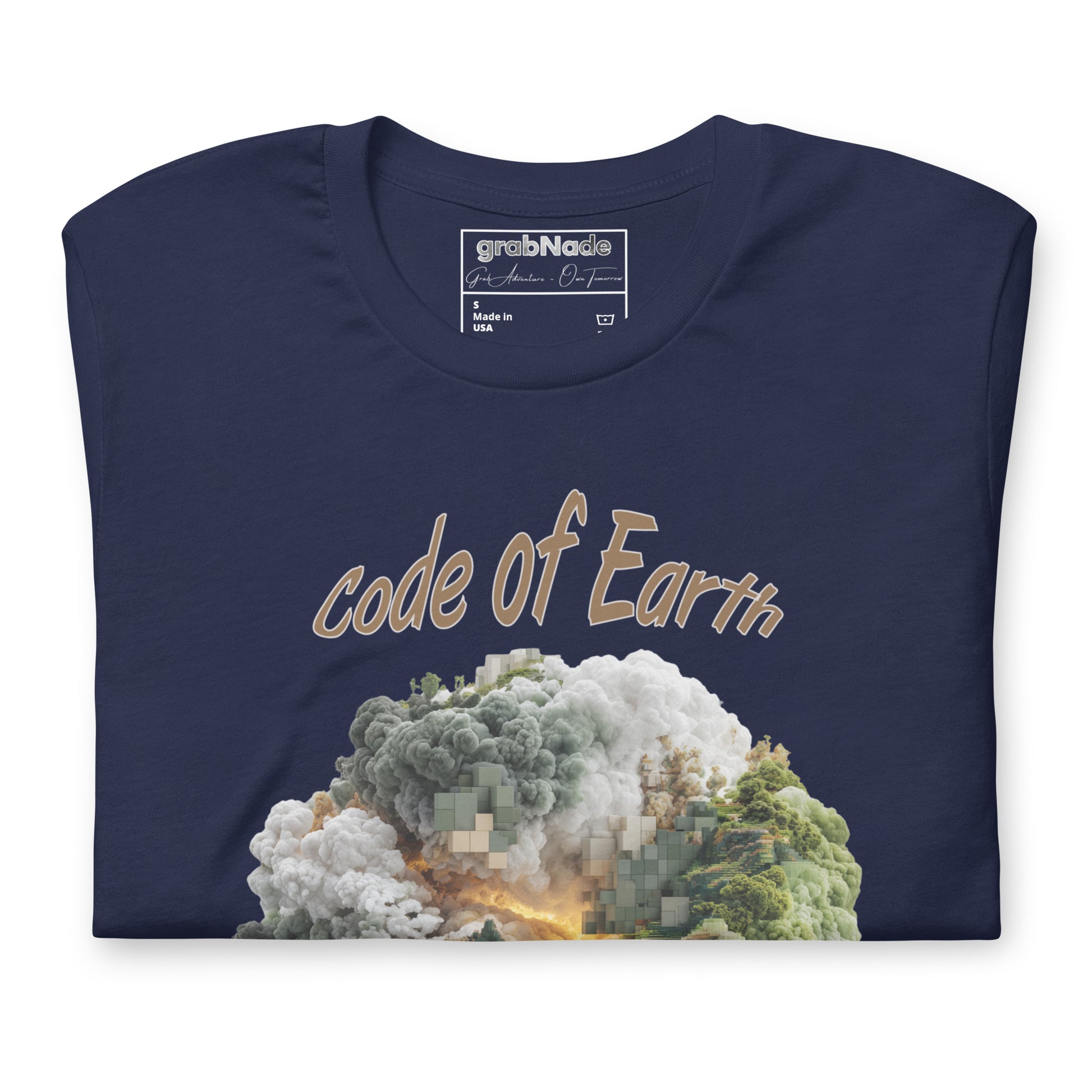 Product mockup. Navy blue t-shirt folded, displaying the front design with "code of Earth" text and a stylized pixelated globe featuring trees and clouds.