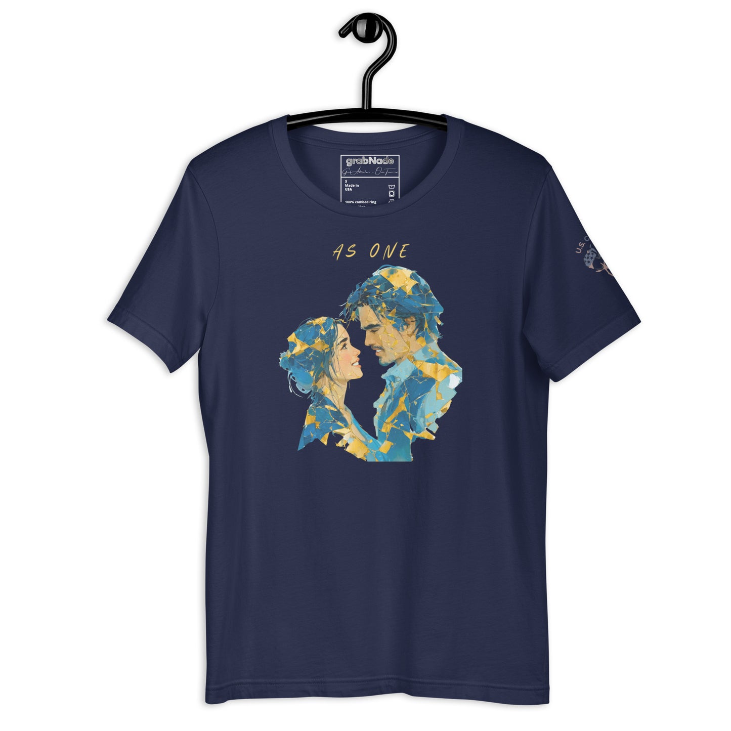 Product mockup. Navy blue t-shirt on a hanger, with a stylized blue and gold couple’s portrait on the front, and the phrase “AS ONE” above.