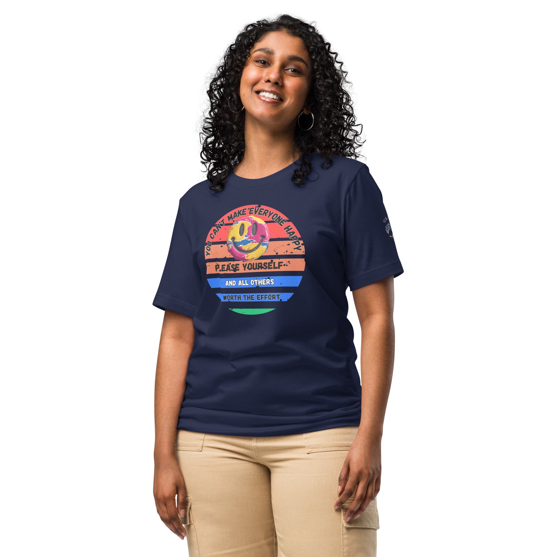 Product mockup. Smiling woman in beige pants and navy blue t-shirt with a smiley face, red and blue stripes, and multiple lines of uplifting text.