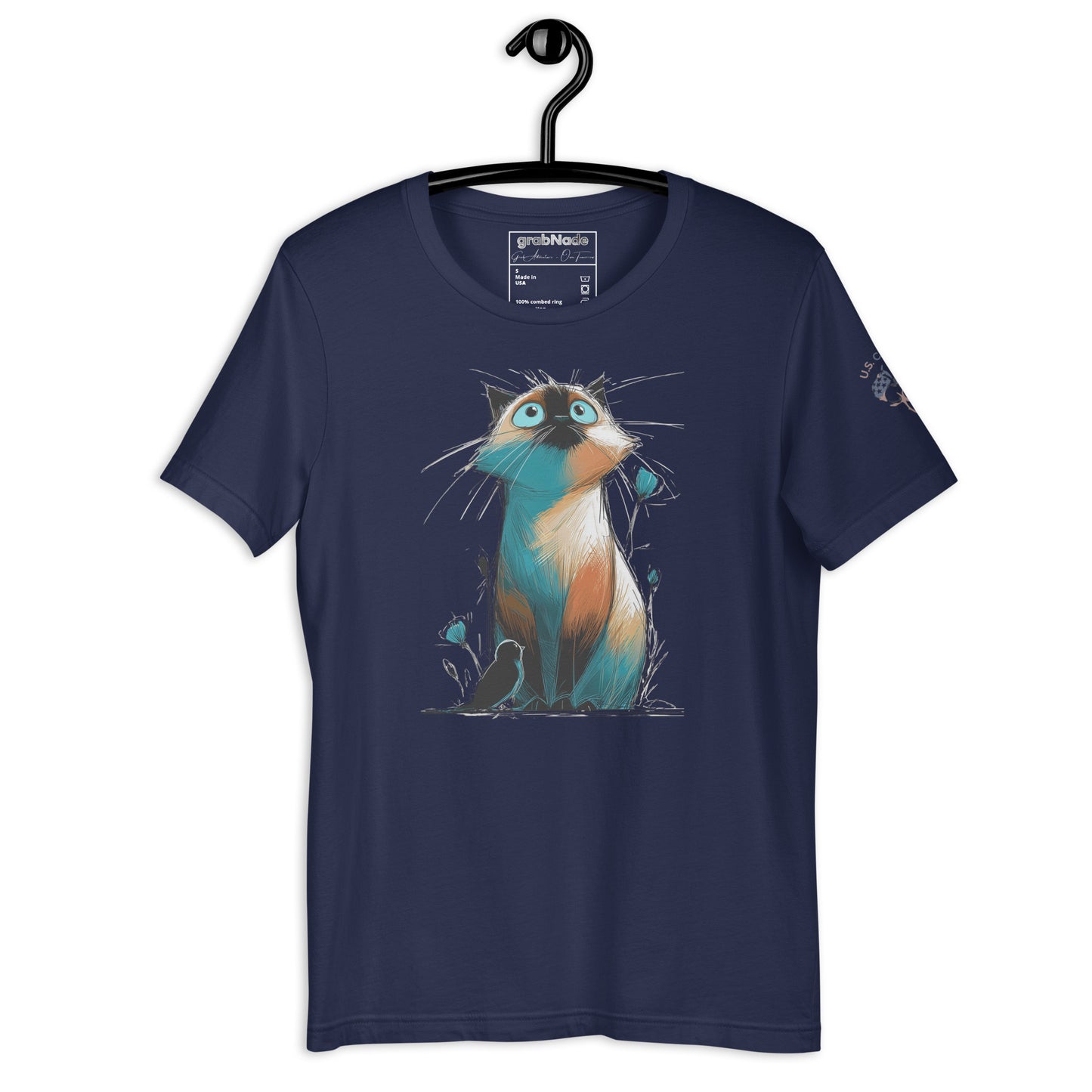 Product mockup. Navy blue t-shirt hanging on a black hanger, printed with a hand-drawn Siamese cat with bright blue eyes, surrounded by blue flowers.