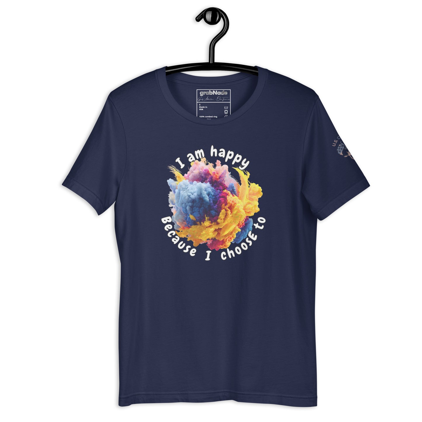 Product mockup. Navy blue t-shirt on a hanger, with a pastel cloud burst design and the phrase “I am happy because I choose to” in white curved letters.
