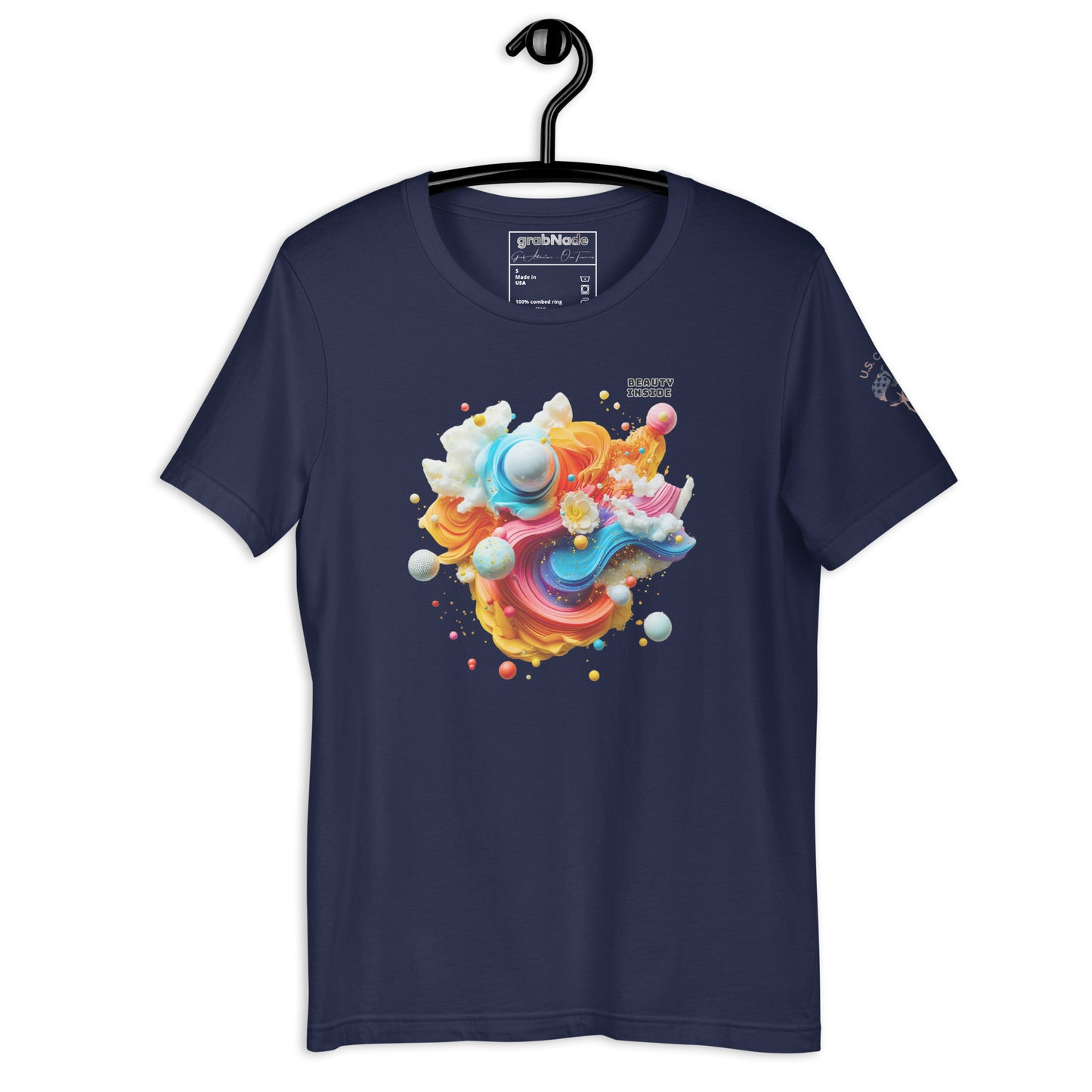 Product mockup. Navy blue t-shirt on a hanger, featuring a pastel, 3D abstract swirled pattern with multiple spheres, cosmic and futuristic styling.
