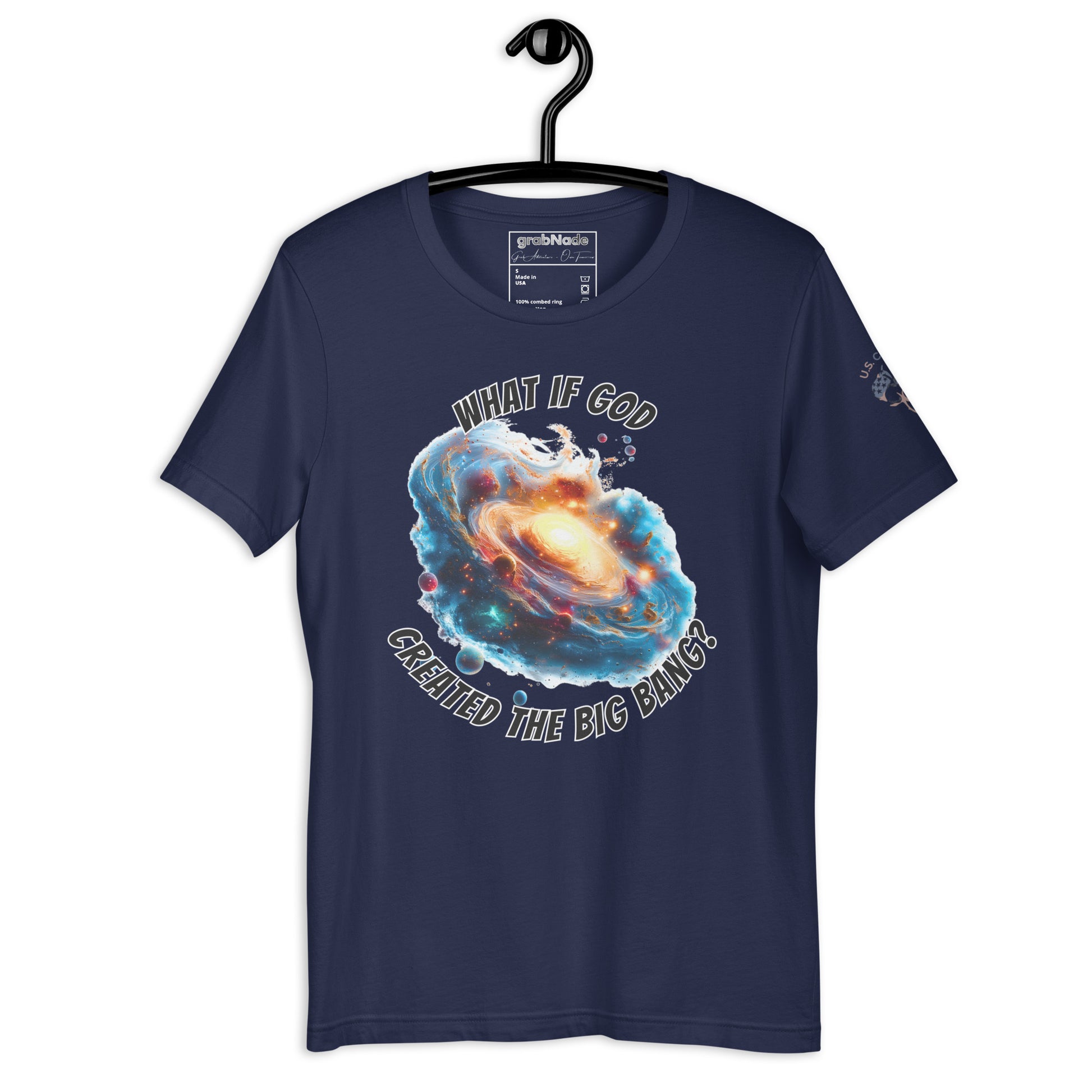 Product mockup. Navy blue T-shirt on hanger, vibrant space galaxy illustration with text: "What if God created the Big Bang?"