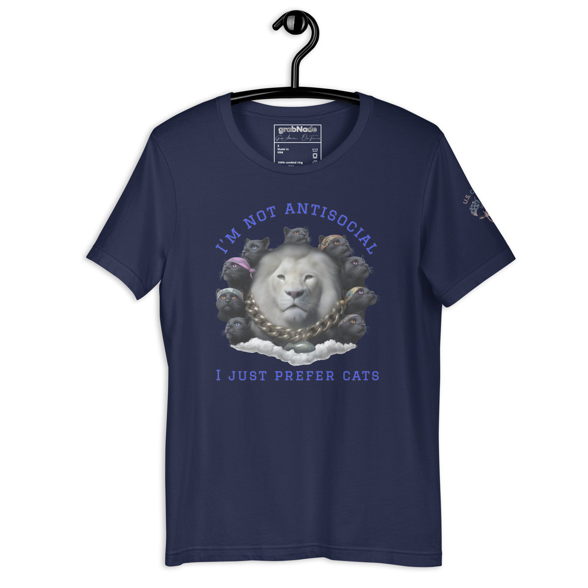 Product mockup.Navy blue t-shirt on a hanger, printed with a large white lion in a gold chain, surrounded by black cats, with the phrase “I’M NOT ANTISOCIAL I JUST PREFER CATS”.