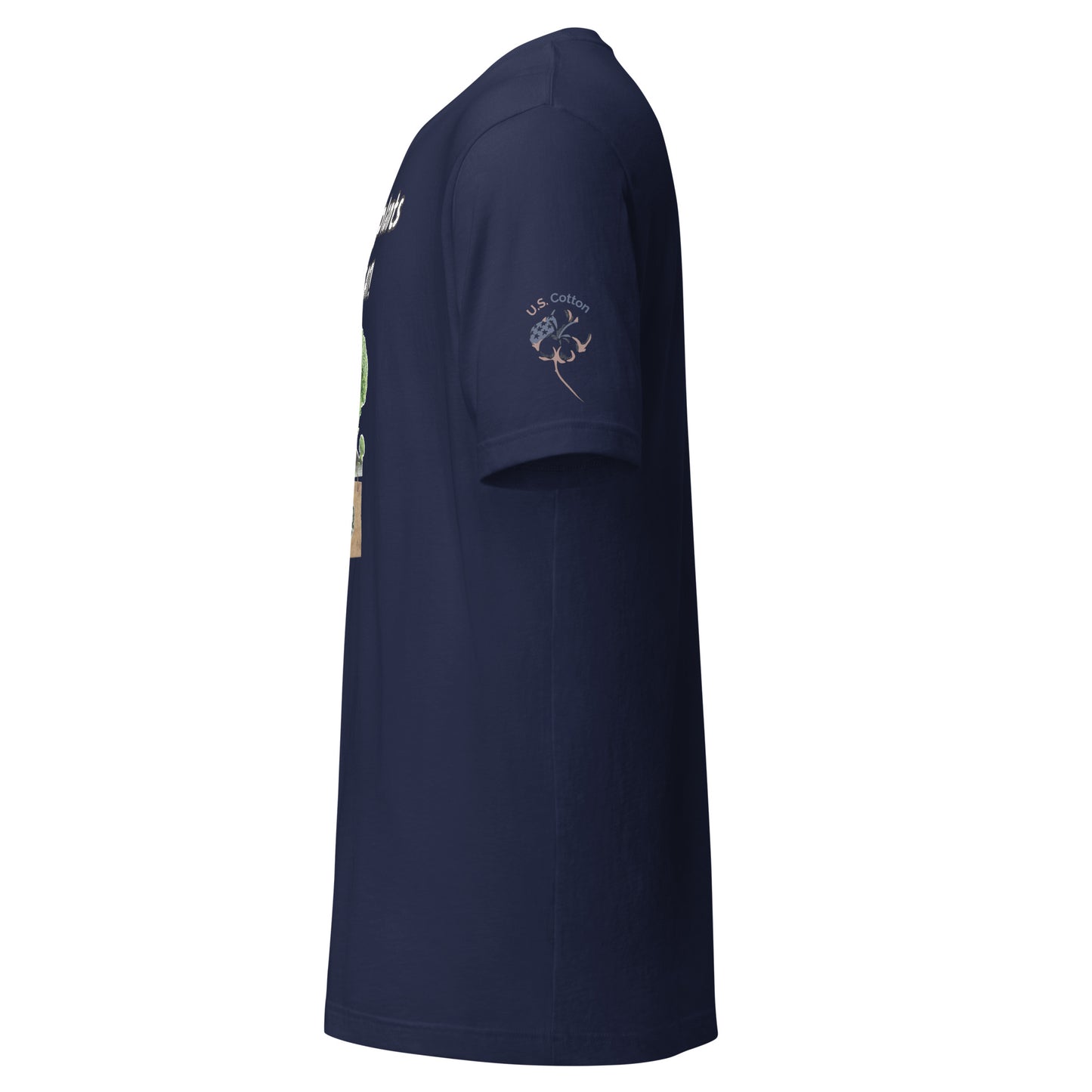 Product mockup. Navy blue t-shirt, left side view, “U.S. Cotton” emblem on sleeve, partial view of a cartoon-style front design.
