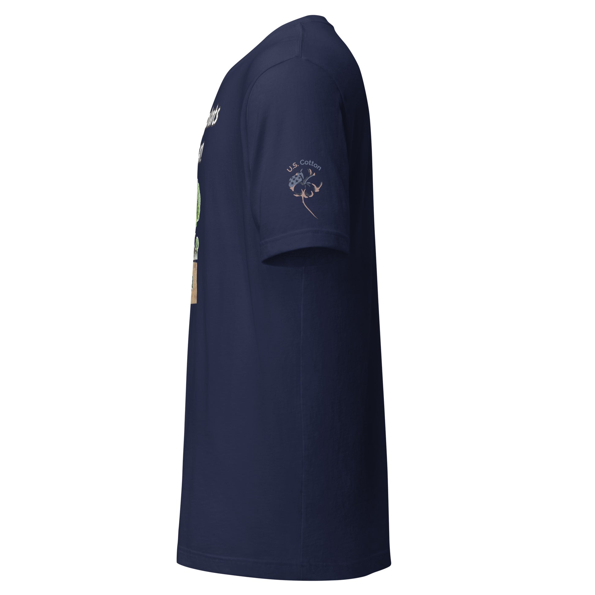 Product mockup. Navy blue t-shirt, left side view, “U.S. Cotton” emblem on sleeve, partial view of a cartoon-style front design.