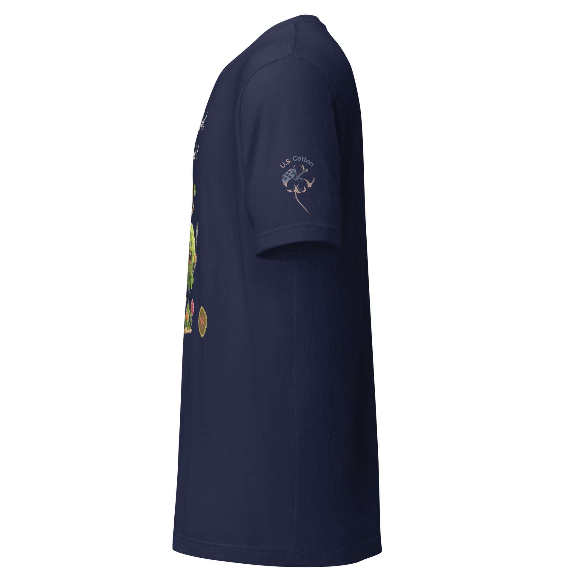 Product mockup. Navy blue t-shirt, left side view, visible “U.S. Cotton” emblem on the sleeve, partial view of a colorful front graphic.