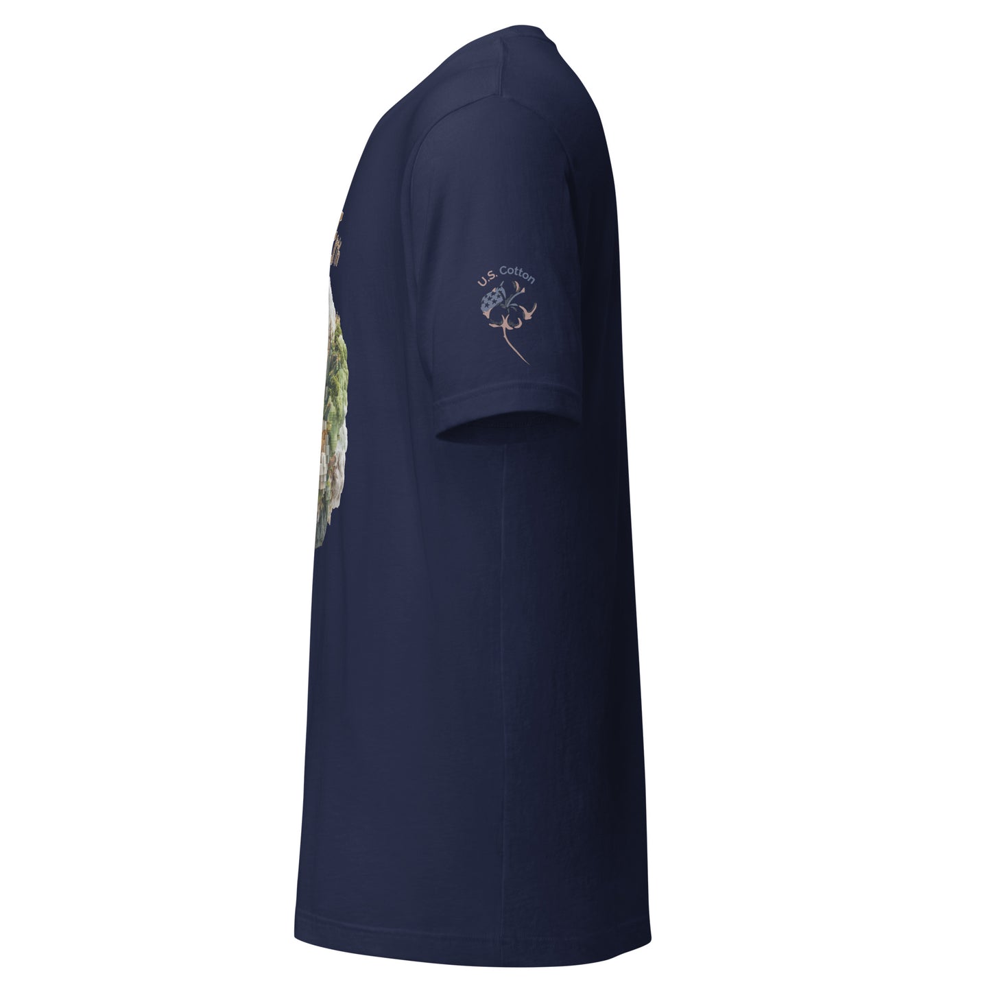 Product mockup. Navy blue t-shirt, left side view, “U.S. Cotton” emblem on sleeve, partial view of a detailed, colorful front graphic.