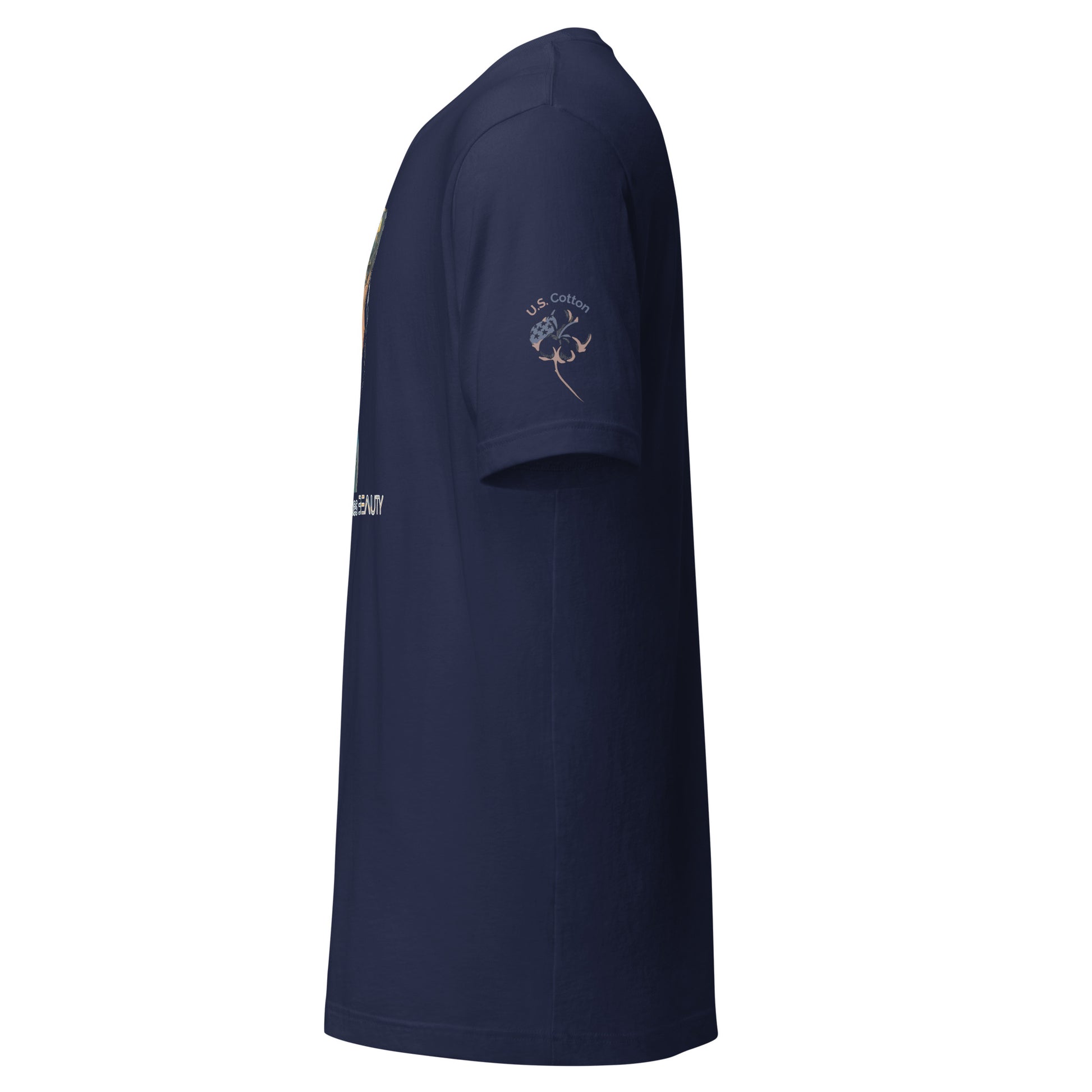 Product mockup. Side view of a navy blue unisex T-shirt showing a "U.S. Cotton" logo on the left sleeve.