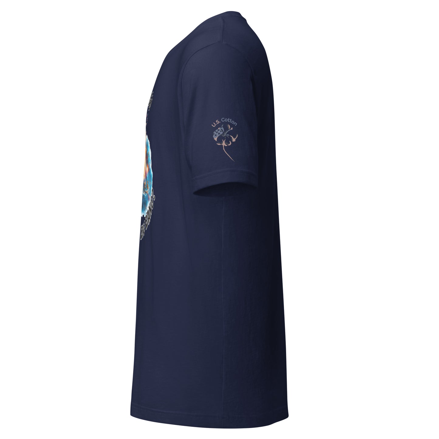 Product mockup. Side view of a navy blue unisex T-shirt with a large, colorful circular blue front graphic and "U.S. Cotton" logo on the left sleeve.