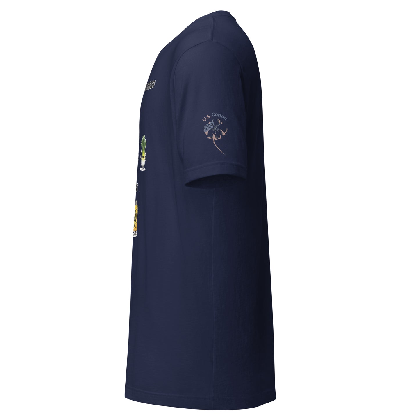 Product mockup. Left-side view of a navy blue t-shirt featuring "U.S. Cotton" badge on the sleeve, with cartoon vegetables and BBQ text partially visible on the front.