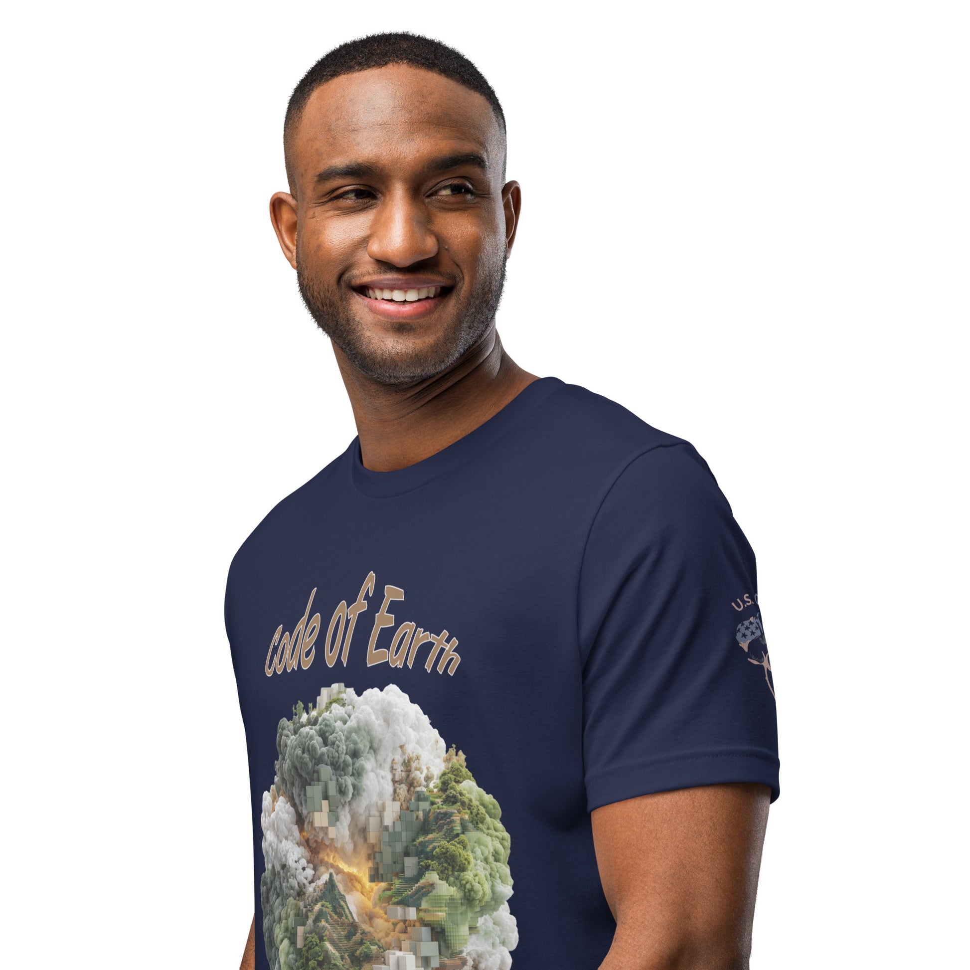 Product mockup. Smiling man wearing a navy blue T-shirt featuring a big "Code of Earth" cloud and landscape graphic on the front.