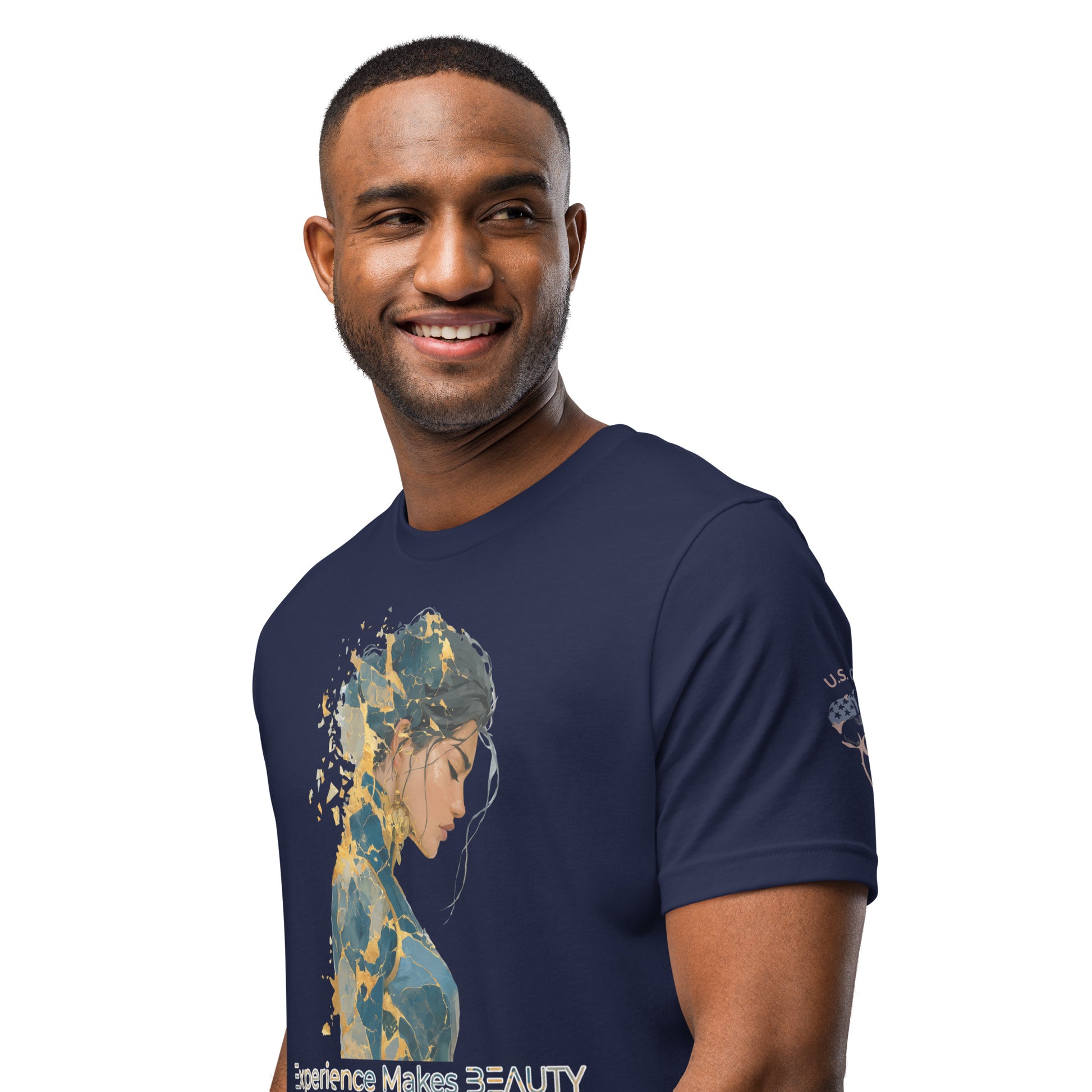 Product mockup. Smiling man wearing a navy blue T-shirt with a large stylized portrait of a woman and "Experience Makes Beauty" text.