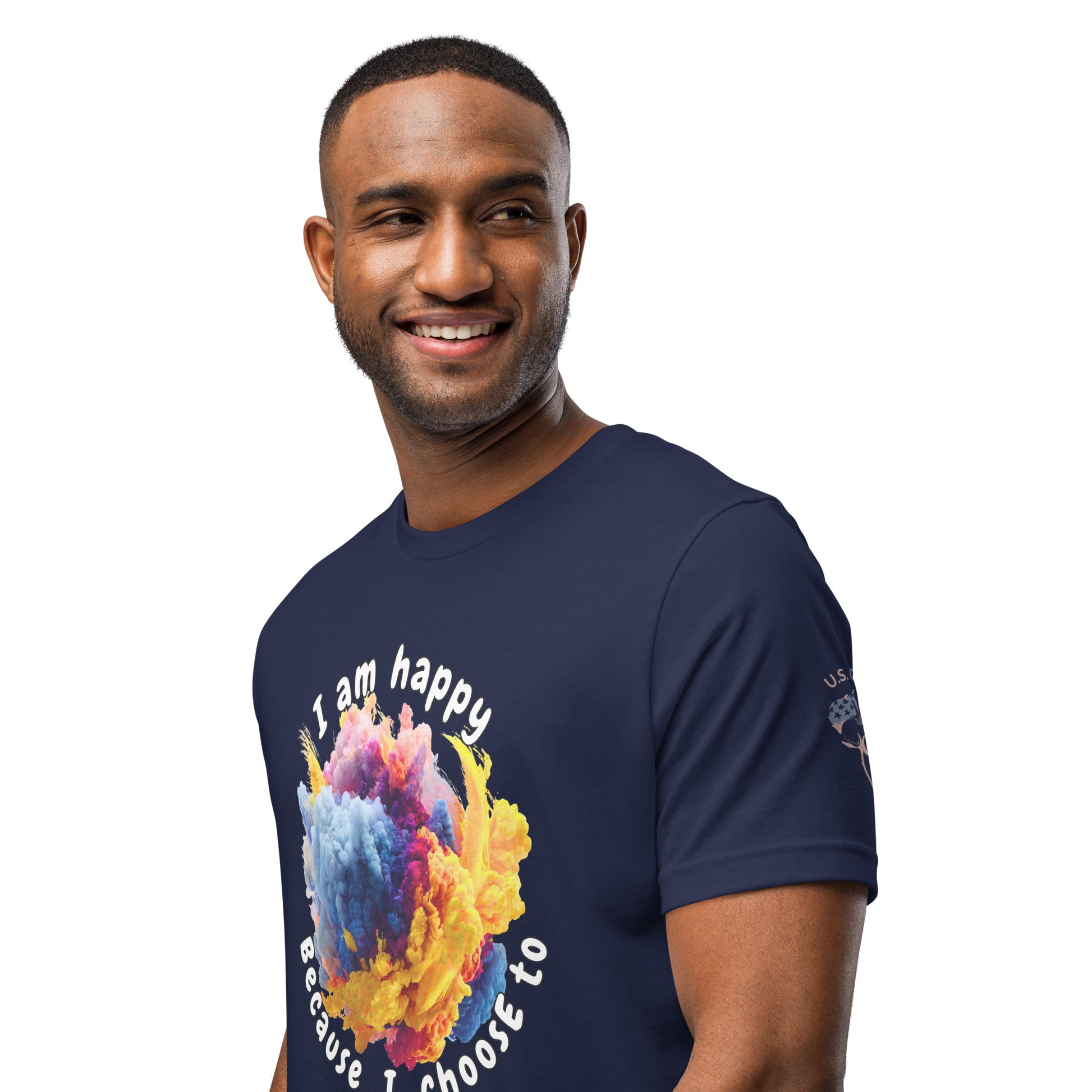 Product mockup. Smiling man wearing a navy blue T-shirt with white text "I am happy because I choose to" and a vibrant cloudburst in blue, purple, and yellow.