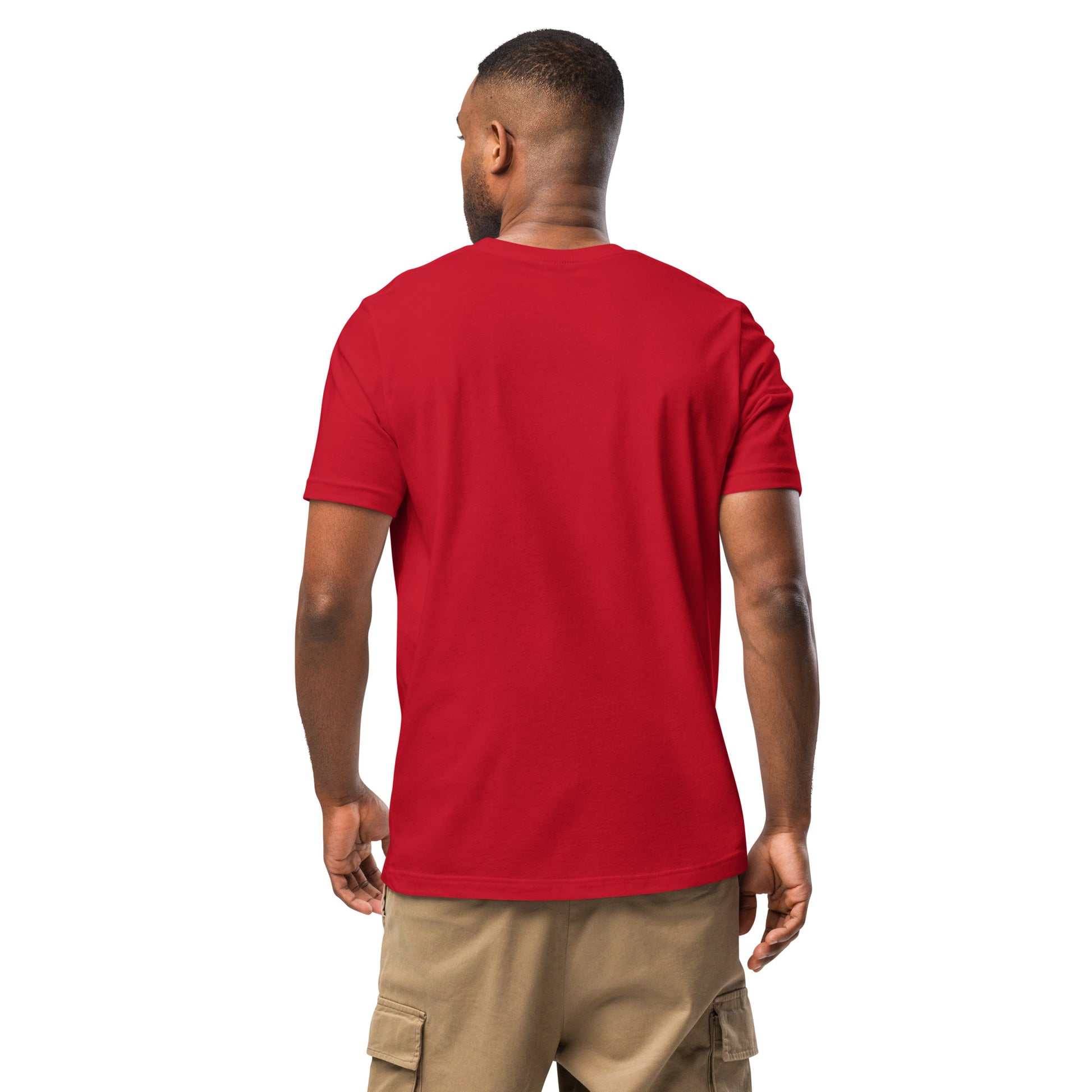 Product mockup. Back view of a man wearing a plain red T-shirt and khaki cargo pants.