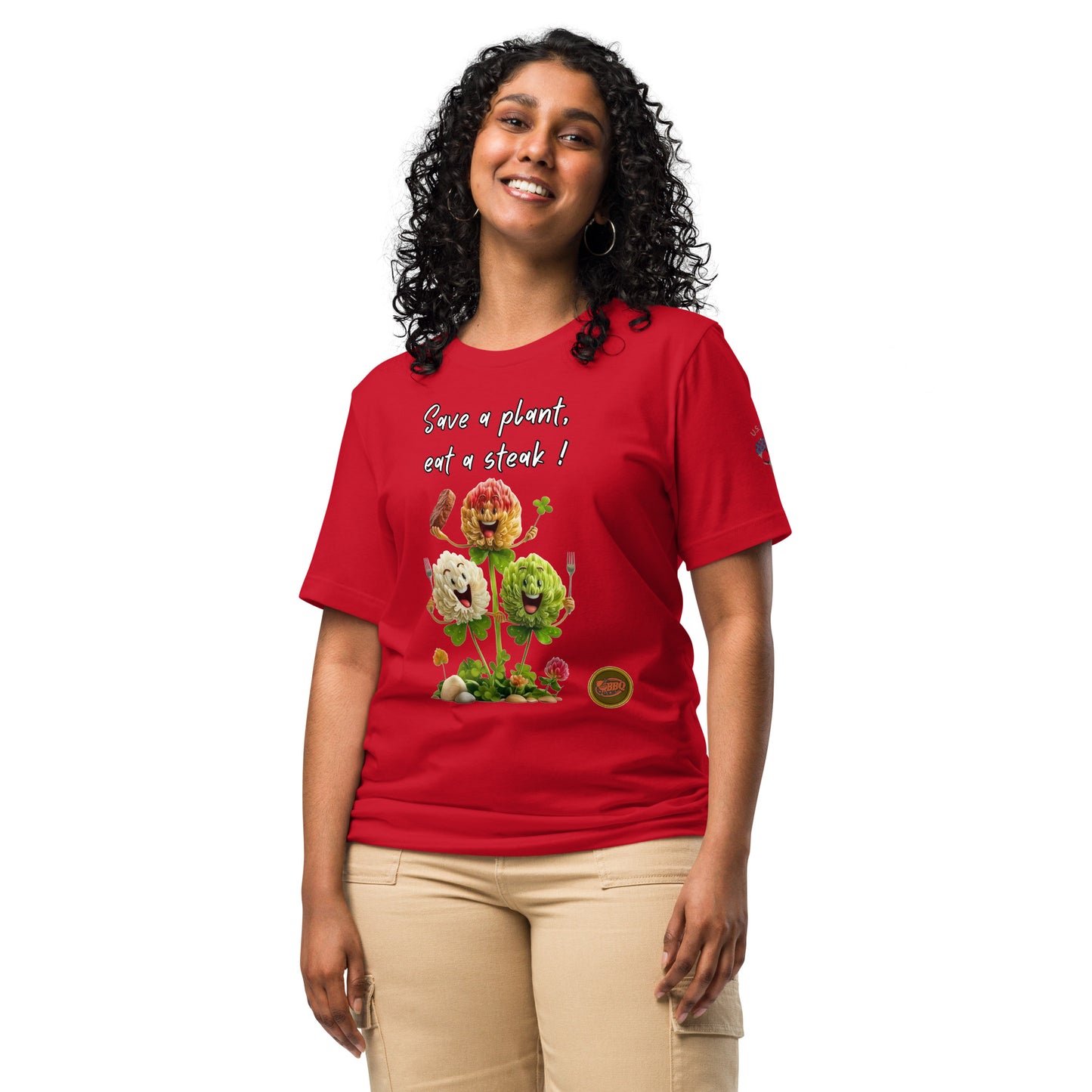 Product mockup. Woman standing and smiling in a red T-shirt with "Save a plant, eat a steak!" and three flower-style smiling vegetables.