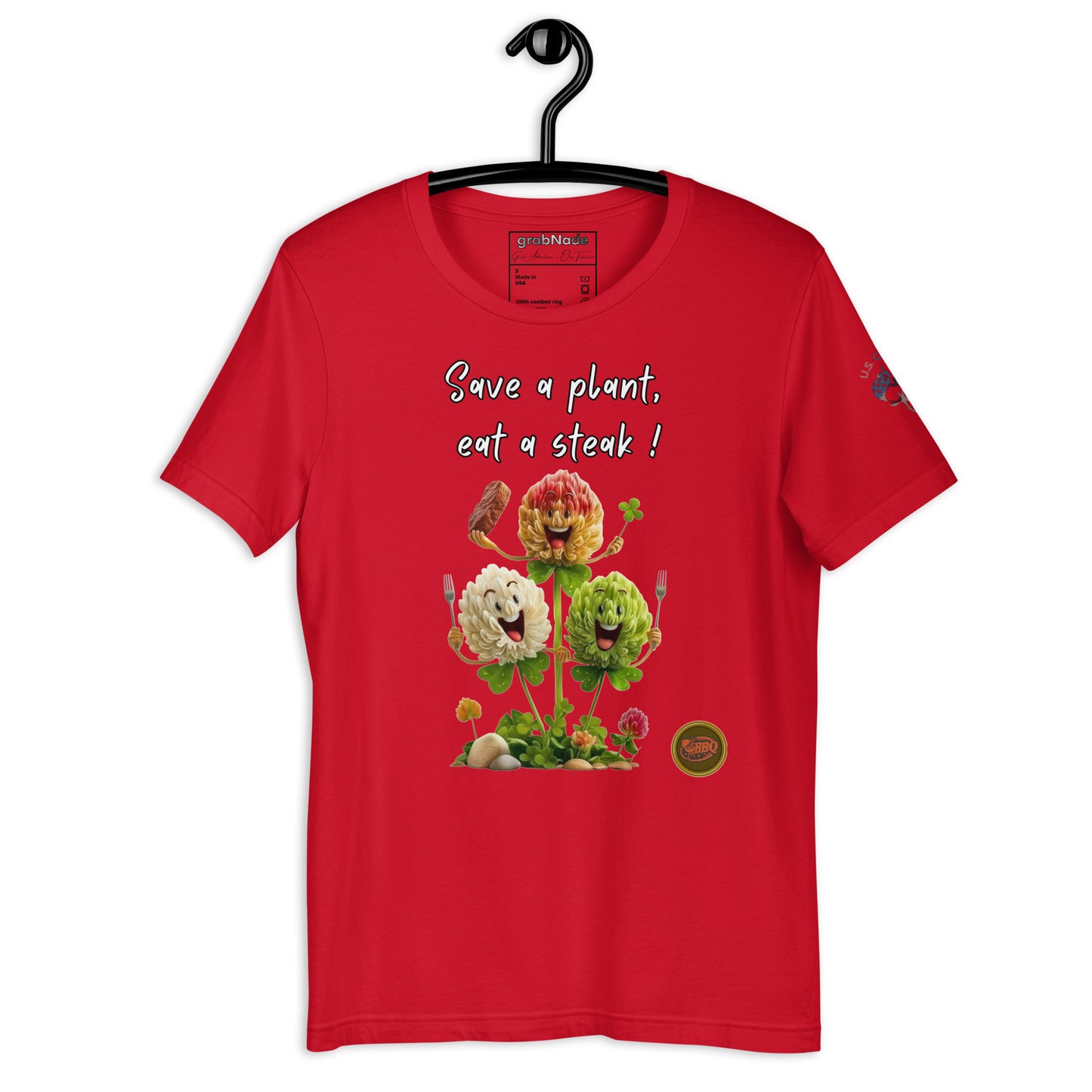 Product mockup. Red T-shirt on hanger with "Save a plant, eat a steak!" and three comic-style clover with a steak.