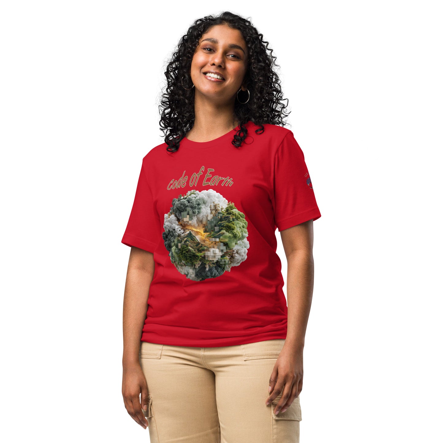 Product mockup. Woman in a red T-shirt with "code of Earth" text above a globe formed by forest, smoke/clouds, and pixel blocks.