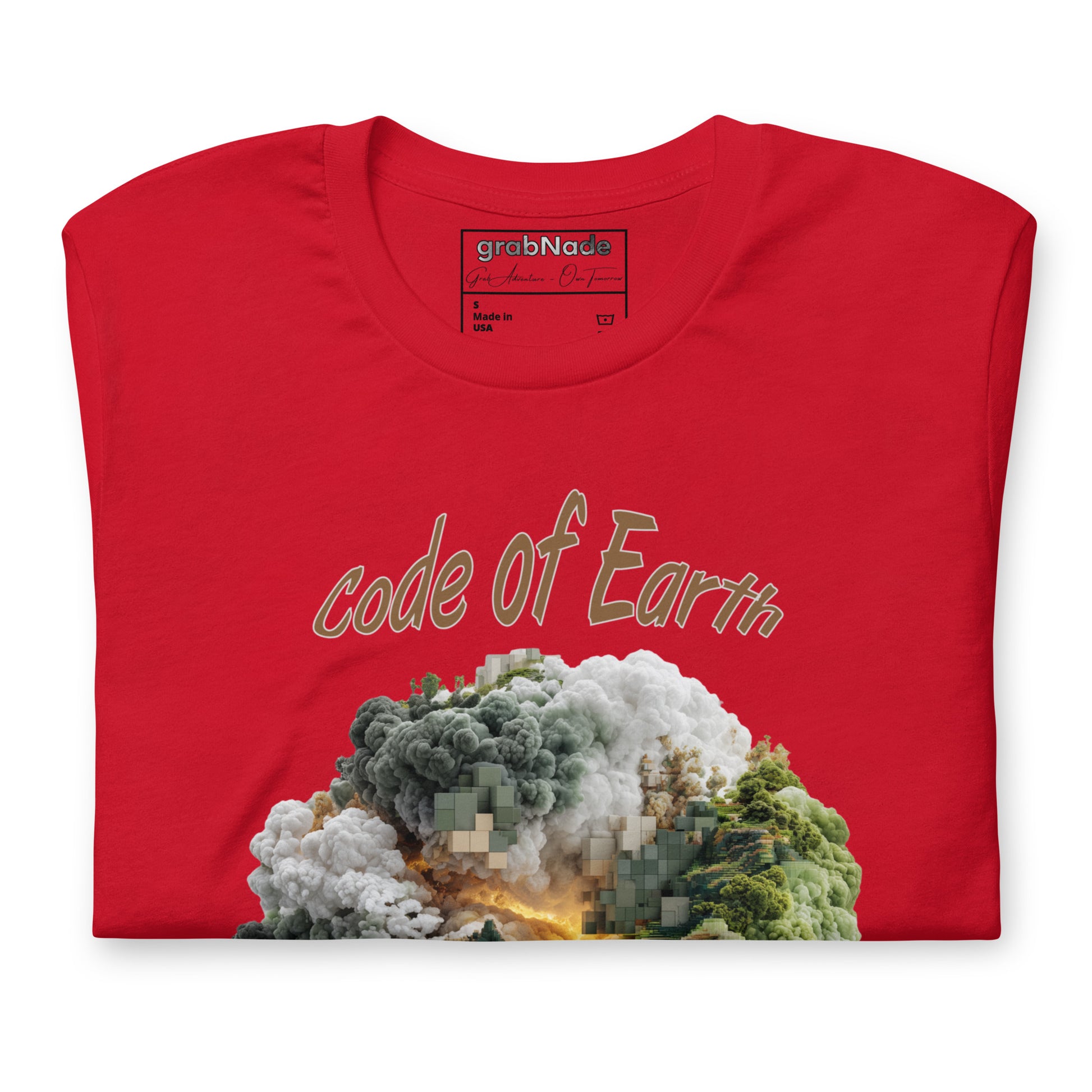 Product mockup. Folded red T-shirt displaying "code of Earth" above a globe/earth artwork made of clouds, digital blocks, and greenery.