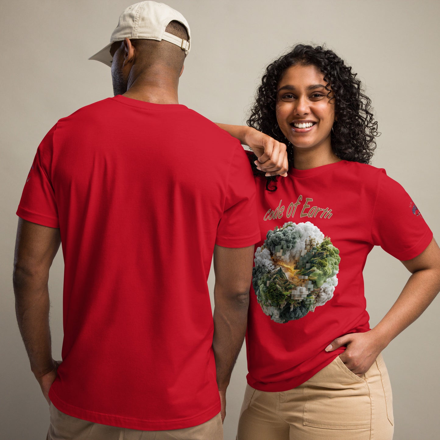 Product mockup. Man showing back of plain red T-shirt; woman in red T-shirt with “Code of Earth” text and earth graphic.